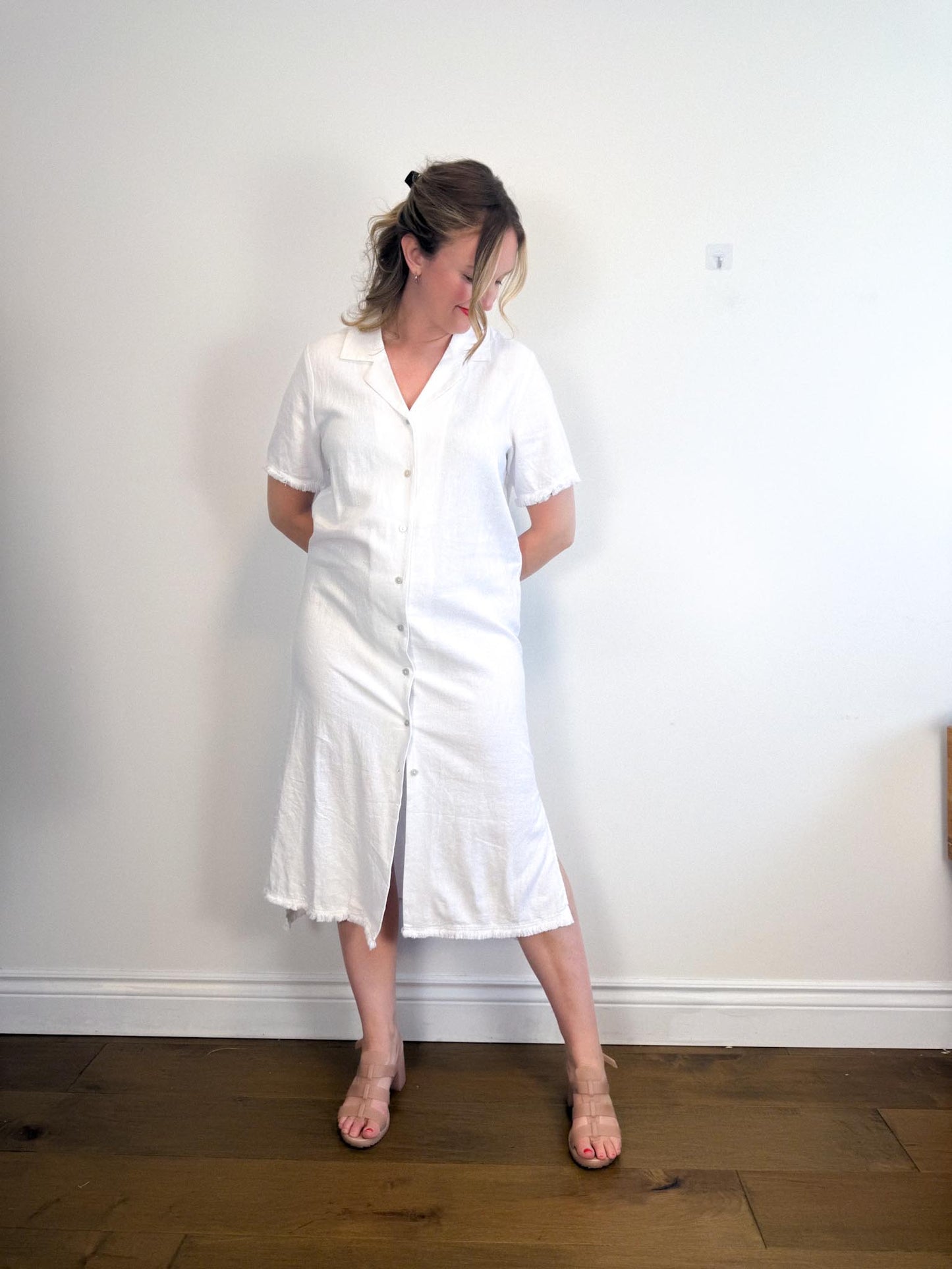 Halston Linen Shirt Dress in White with Distressed Hem (Size L/XL)