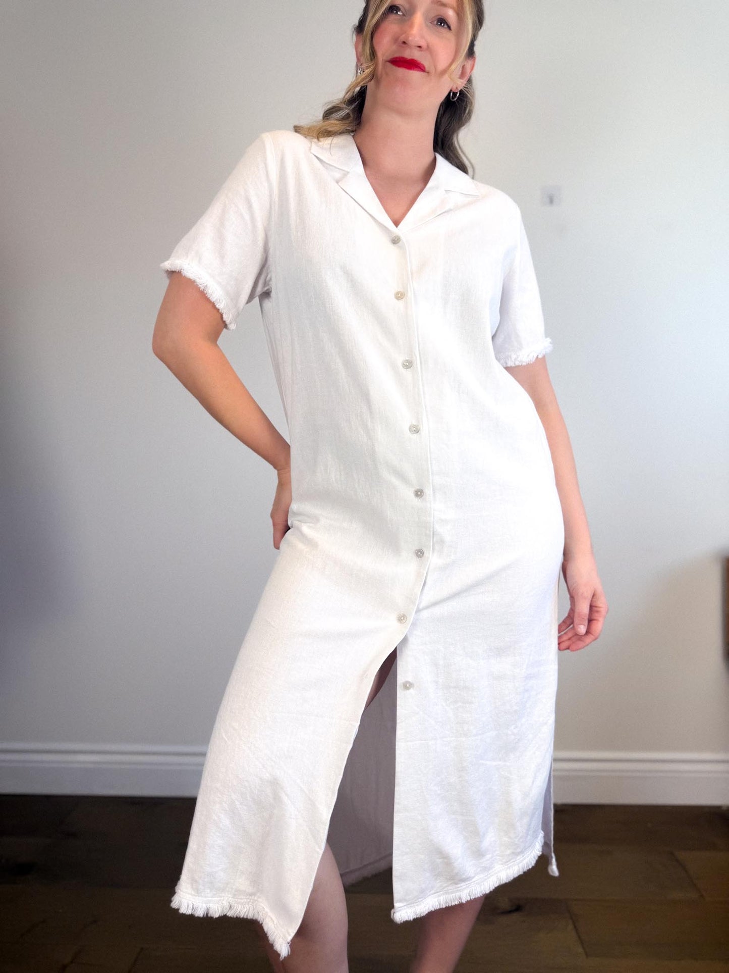 Halston Linen Shirt Dress in White with Distressed Hem (Size L/XL)