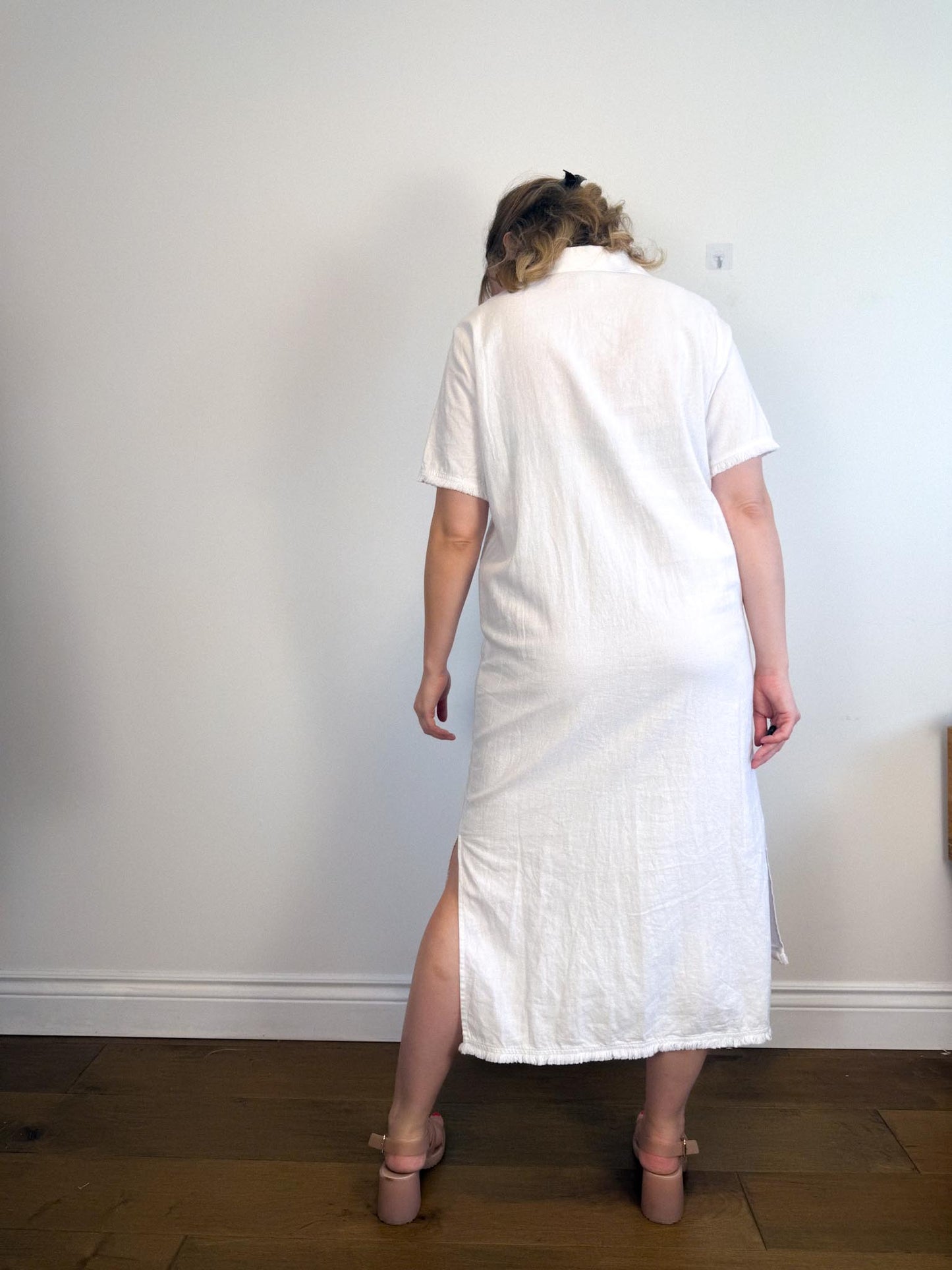 Halston Linen Shirt Dress in White with Distressed Hem (Size L/XL)