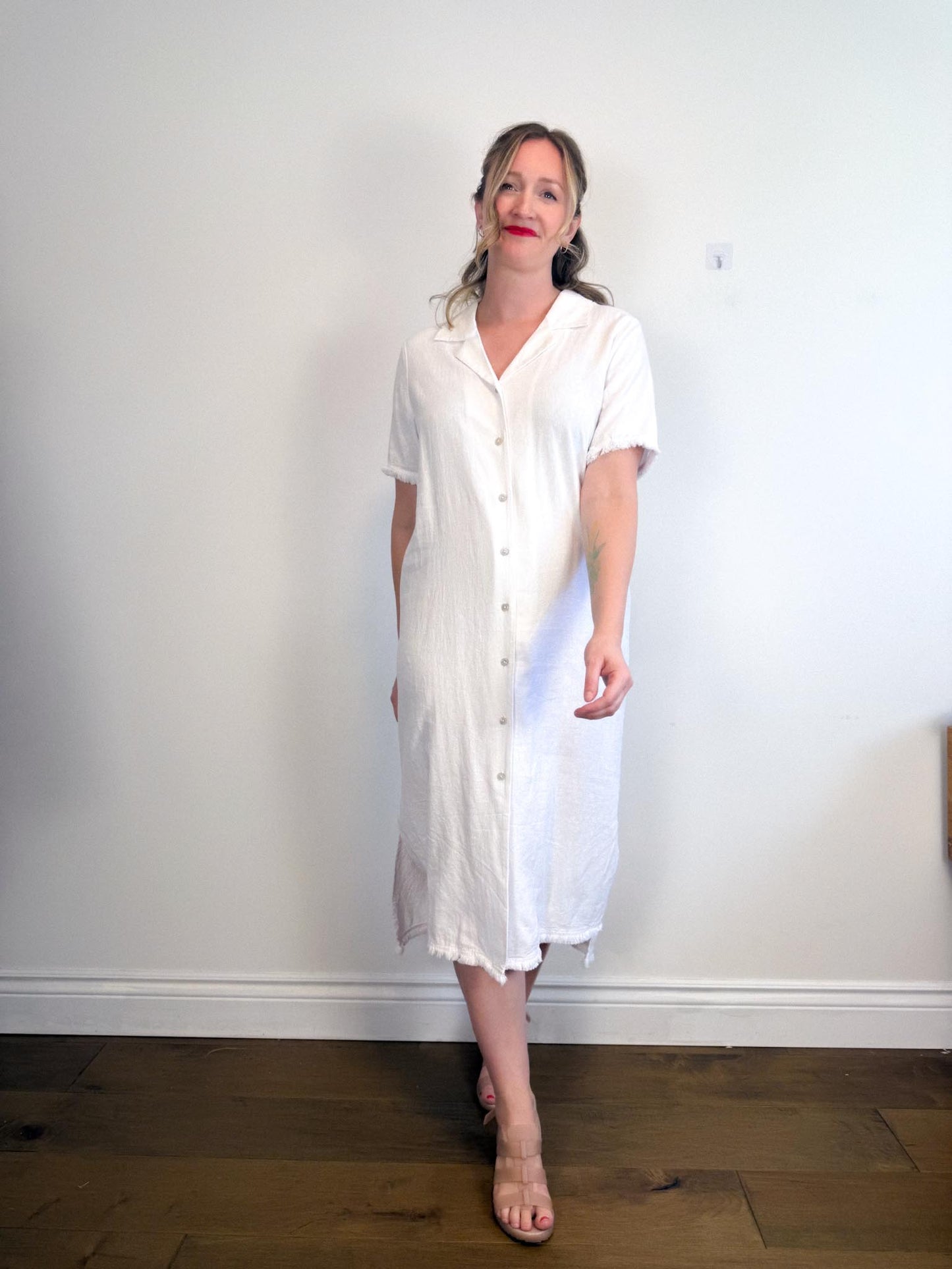 Halston Linen Shirt Dress in White with Distressed Hem (Size L/XL)