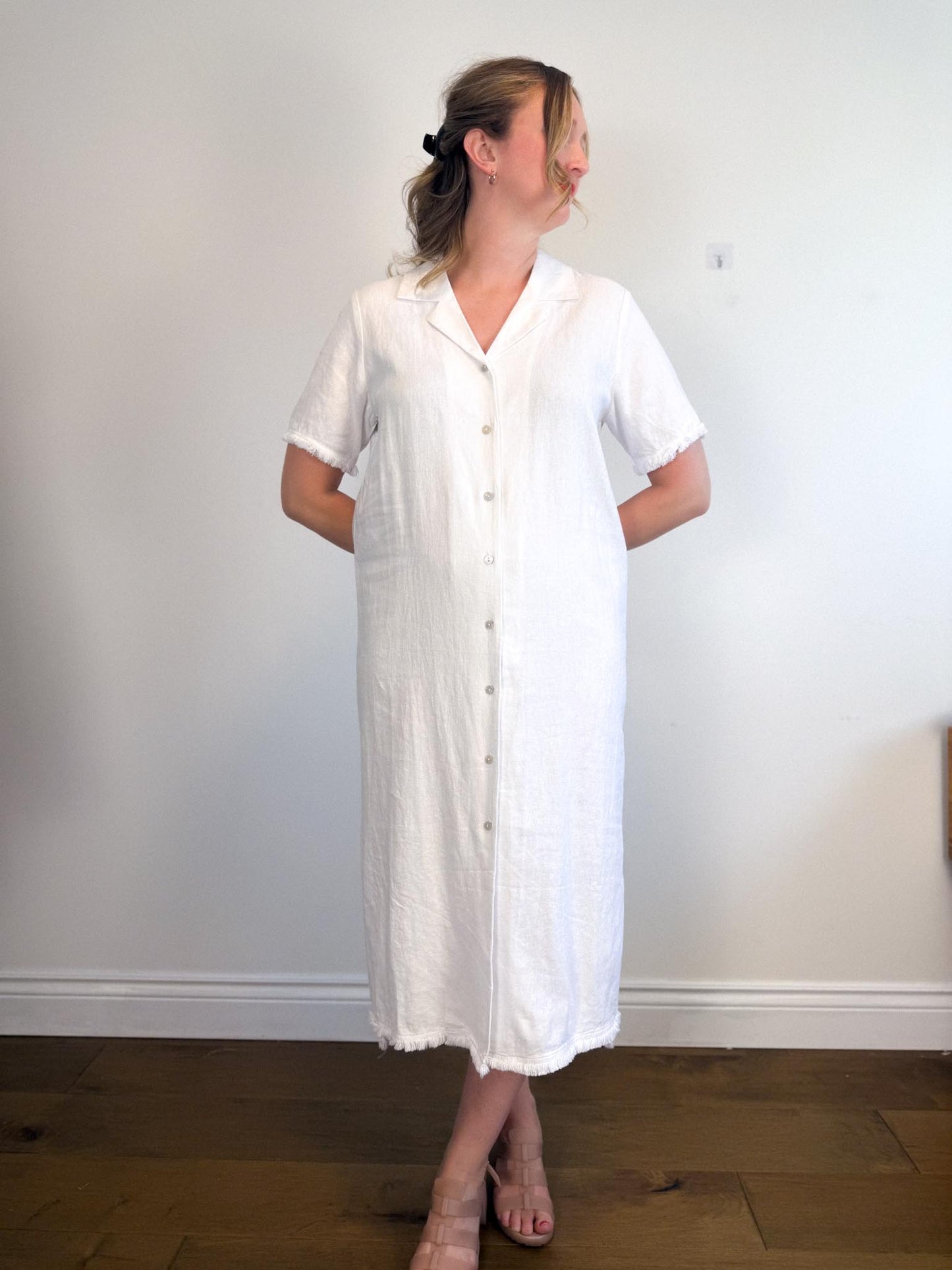 Halston Linen Shirt Dress in White with Distressed Hem (Size L/XL)