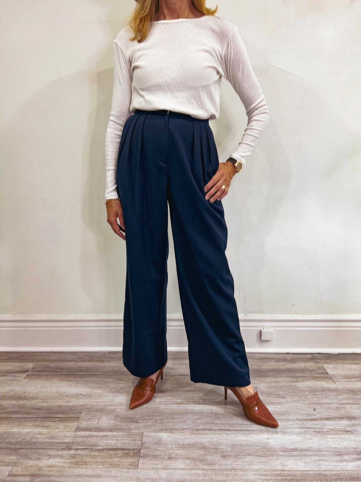 Oak + Fort Wide Leg Trousers in Navy (Size S)