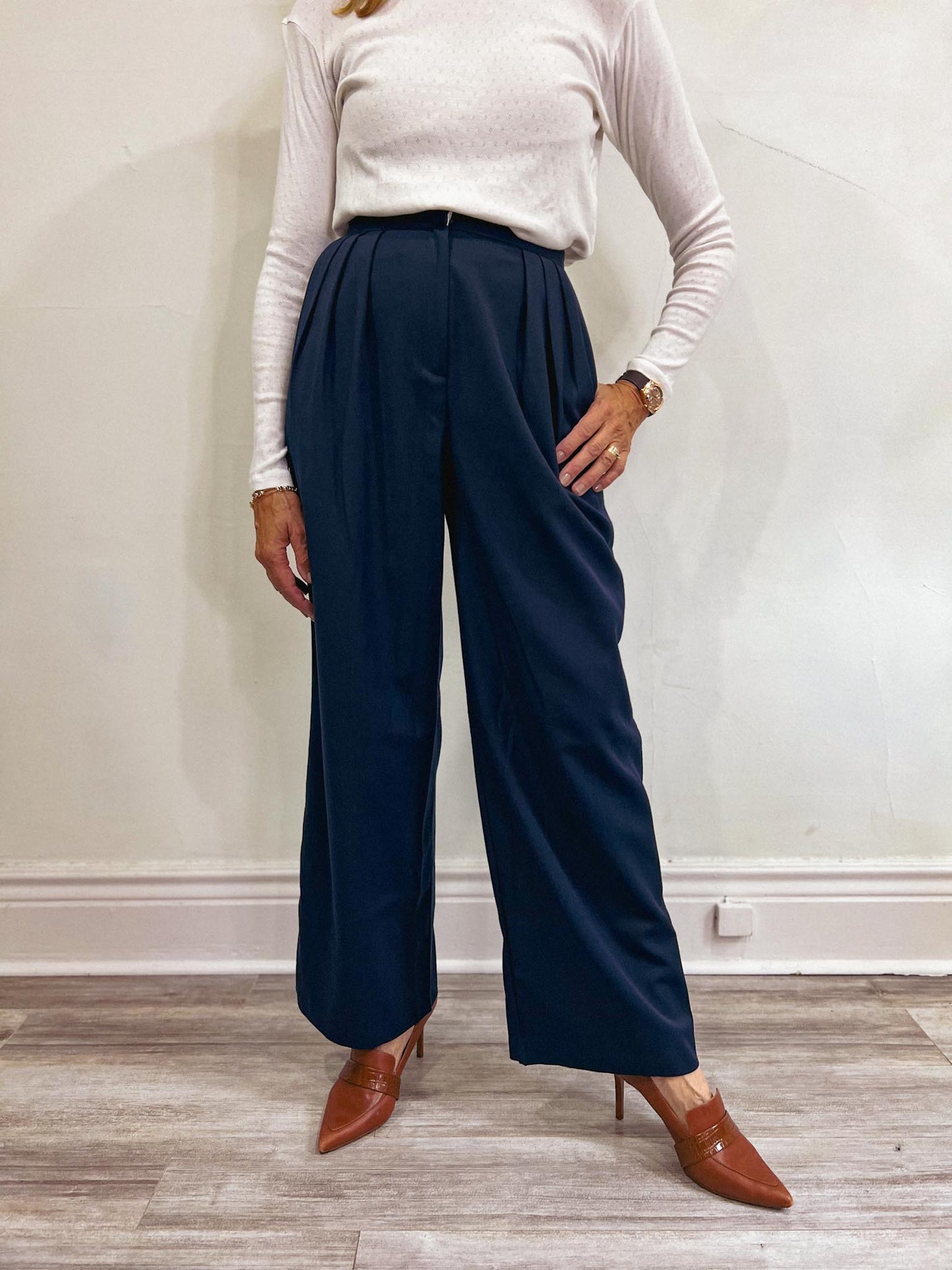 Oak + Fort Wide Leg Trousers in Navy (Size S)