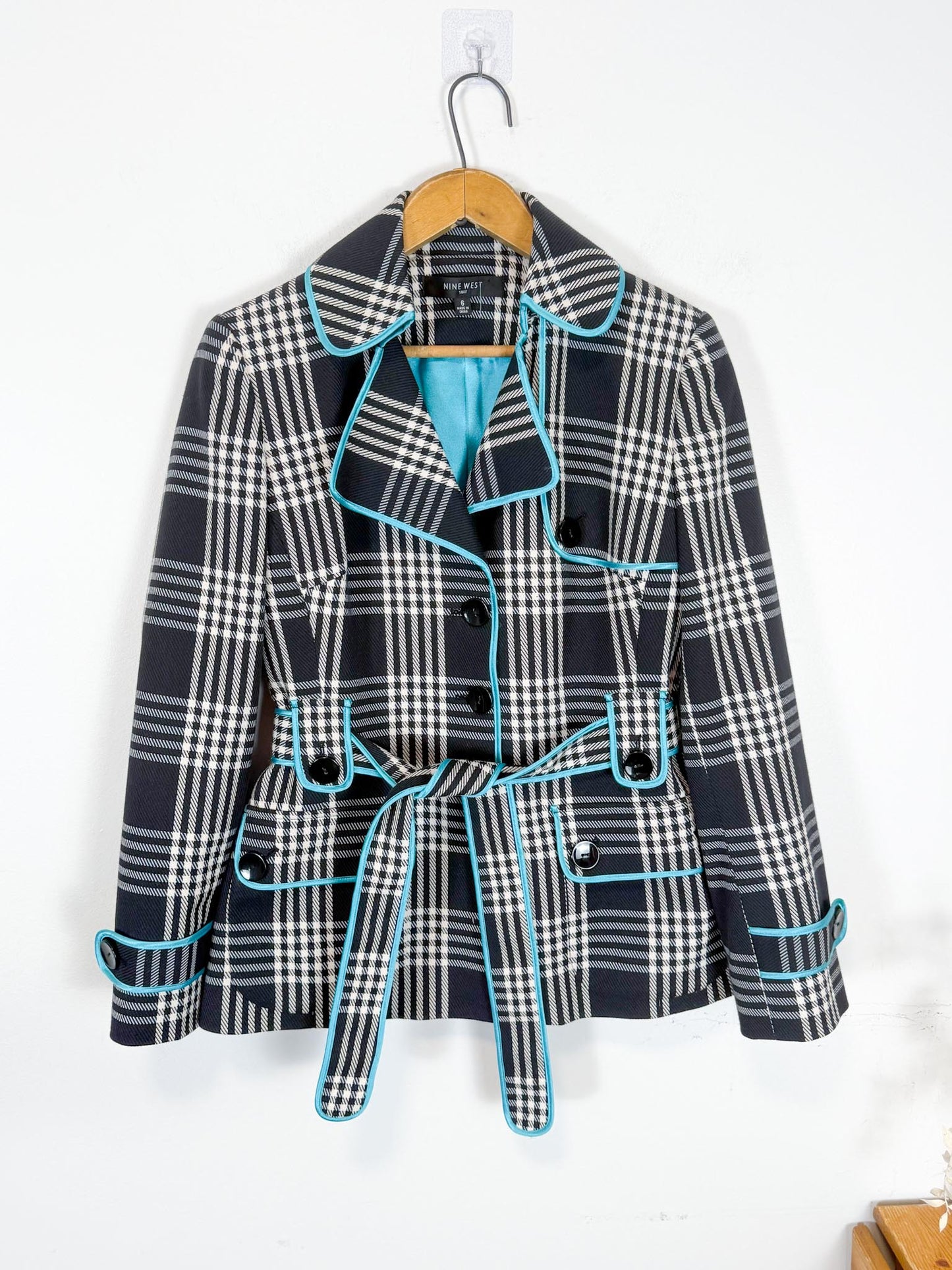 Nine West Aqua Plaid Trench Coat (Size S/M)