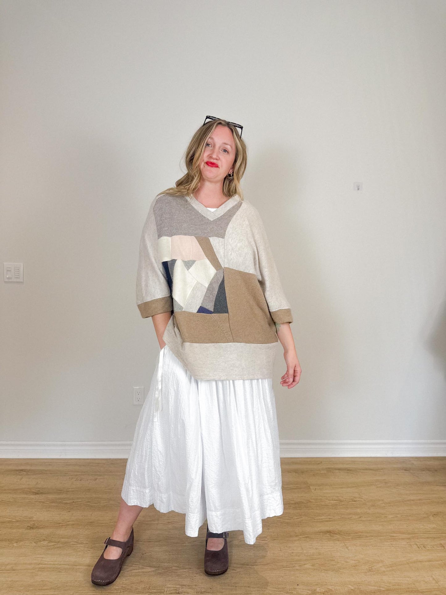 Diana Coatsworth Canadian Designer "Abstract Art Patched Upcycled Cashmere Sweater" (Size L-XXL)