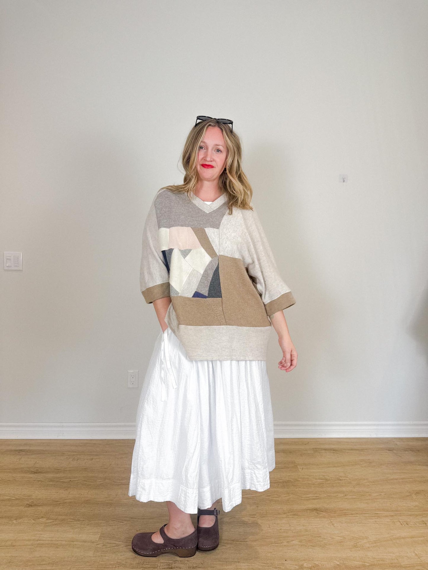 Diana Coatsworth Canadian Designer "Abstract Art Patched Upcycled Cashmere Sweater" (Size L-XXL)