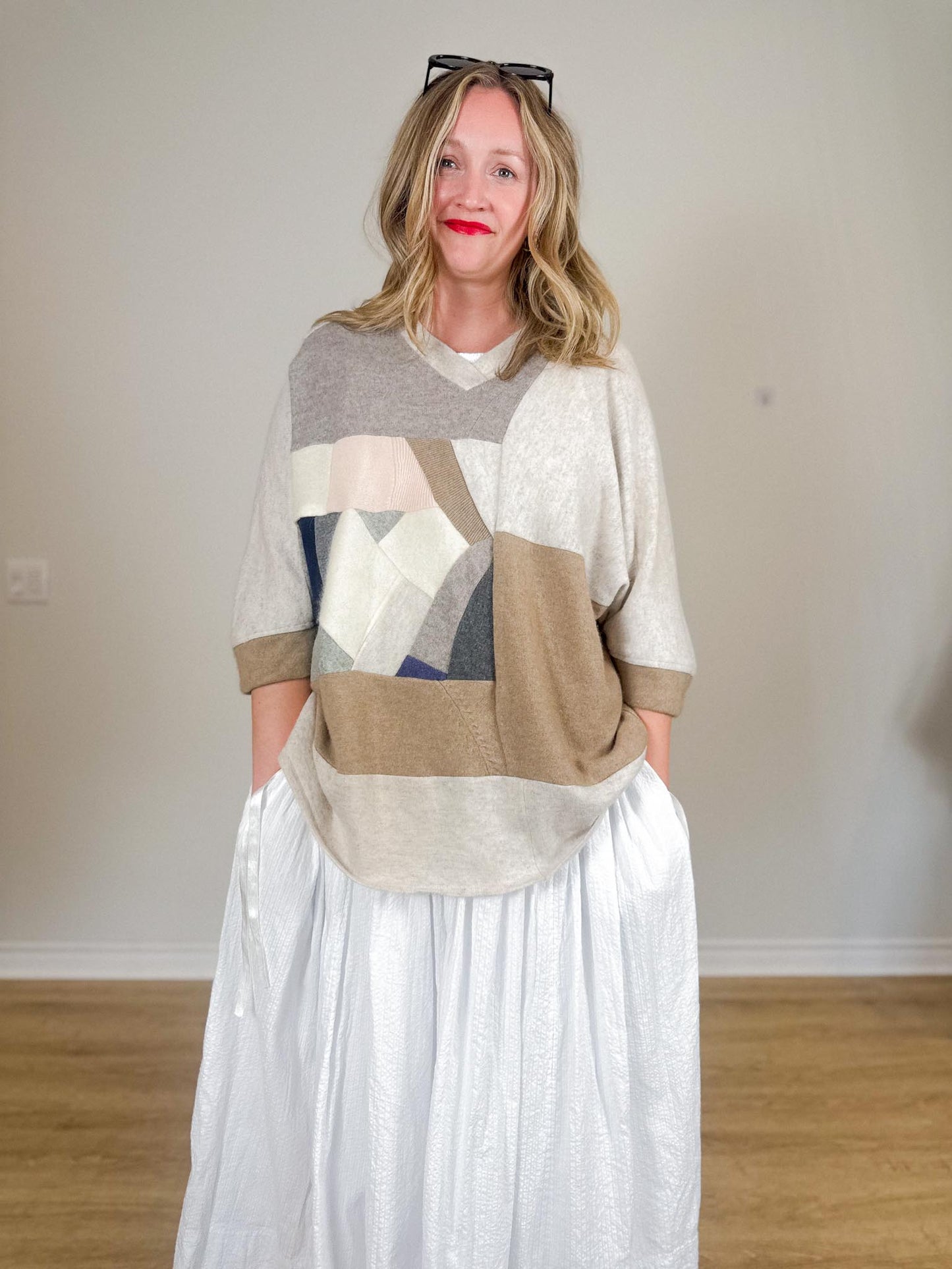 Diana Coatsworth Canadian Designer "Abstract Art Patched Upcycled Cashmere Sweater" (Size L-XXL)
