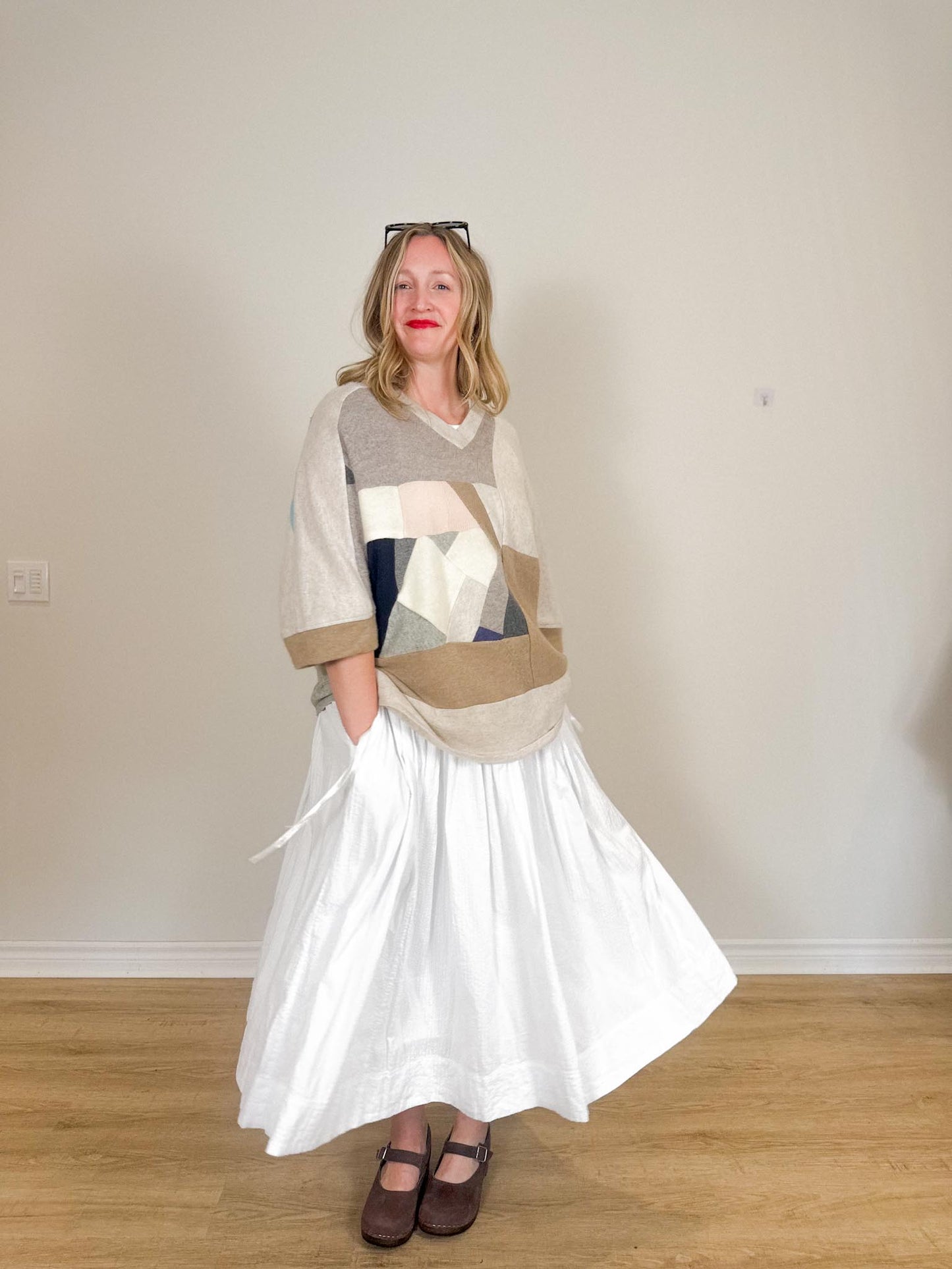 Diana Coatsworth Canadian Designer "Abstract Art Patched Upcycled Cashmere Sweater" (Size L-XXL)
