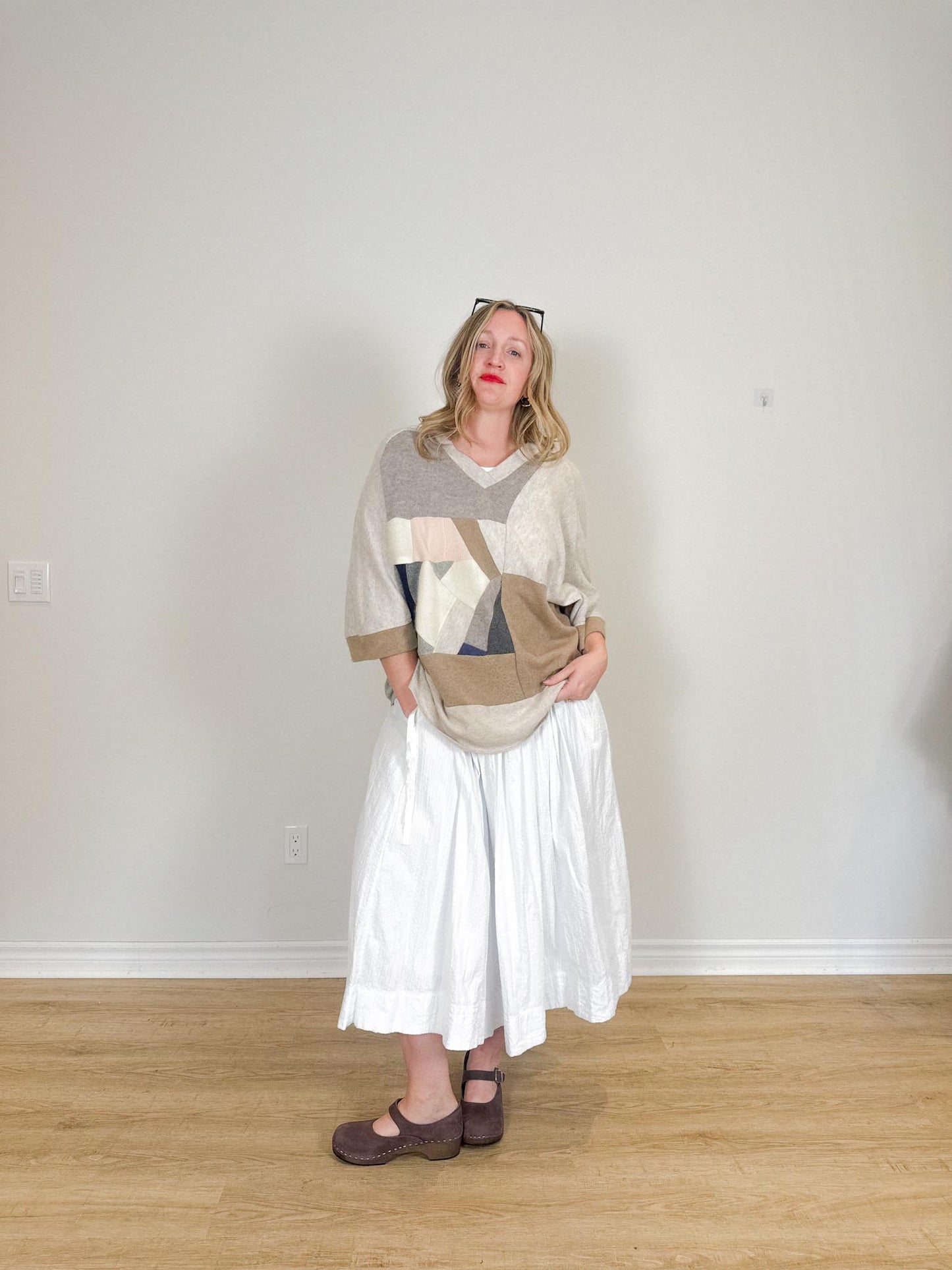 Diana Coatsworth Canadian Designer "Abstract Art Patched Upcycled Cashmere Sweater" (Size L-XXL)