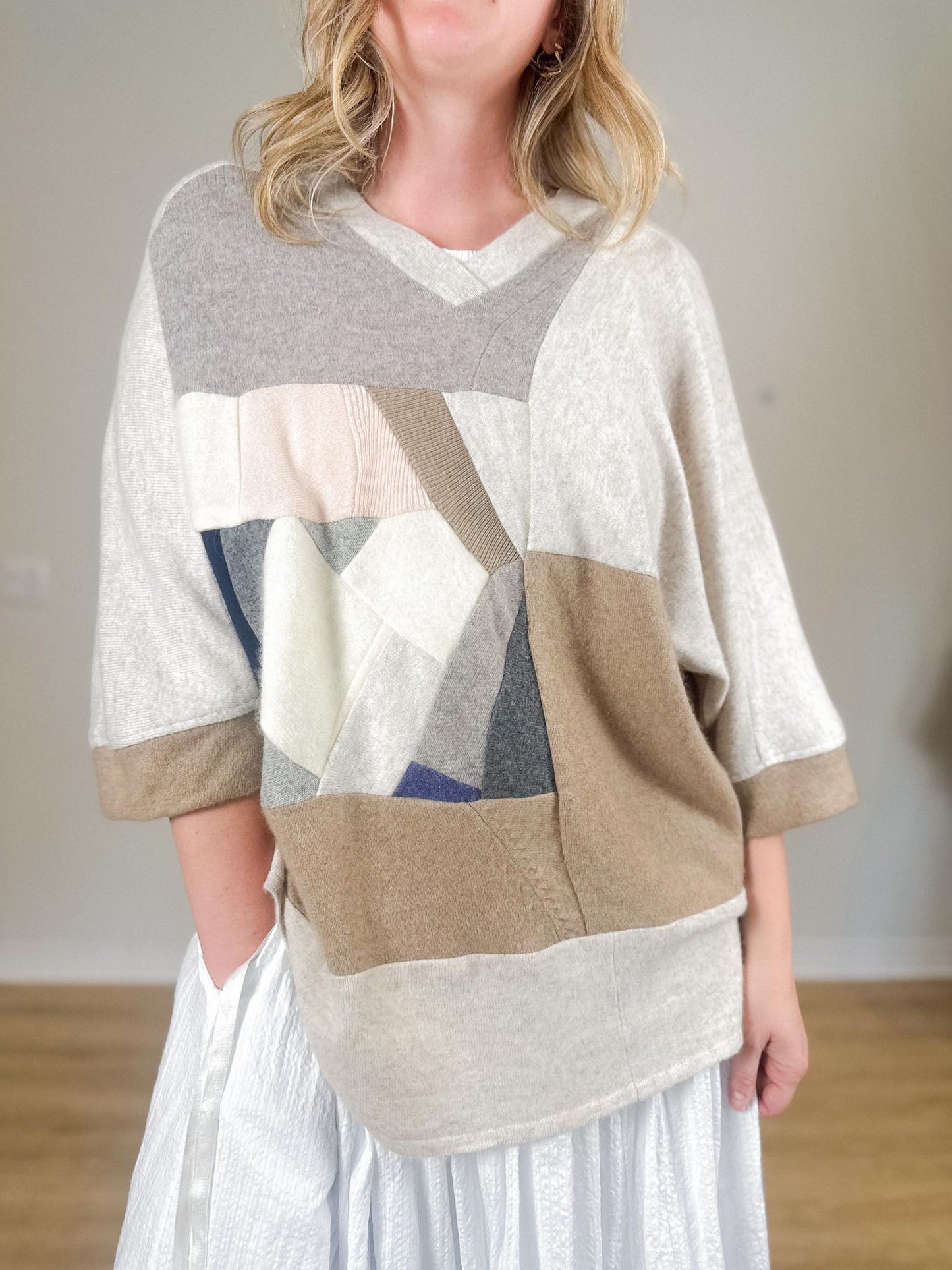 Diana Coatsworth Canadian Designer "Abstract Art Patched Upcycled Cashmere Sweater" (Size L-XXL)