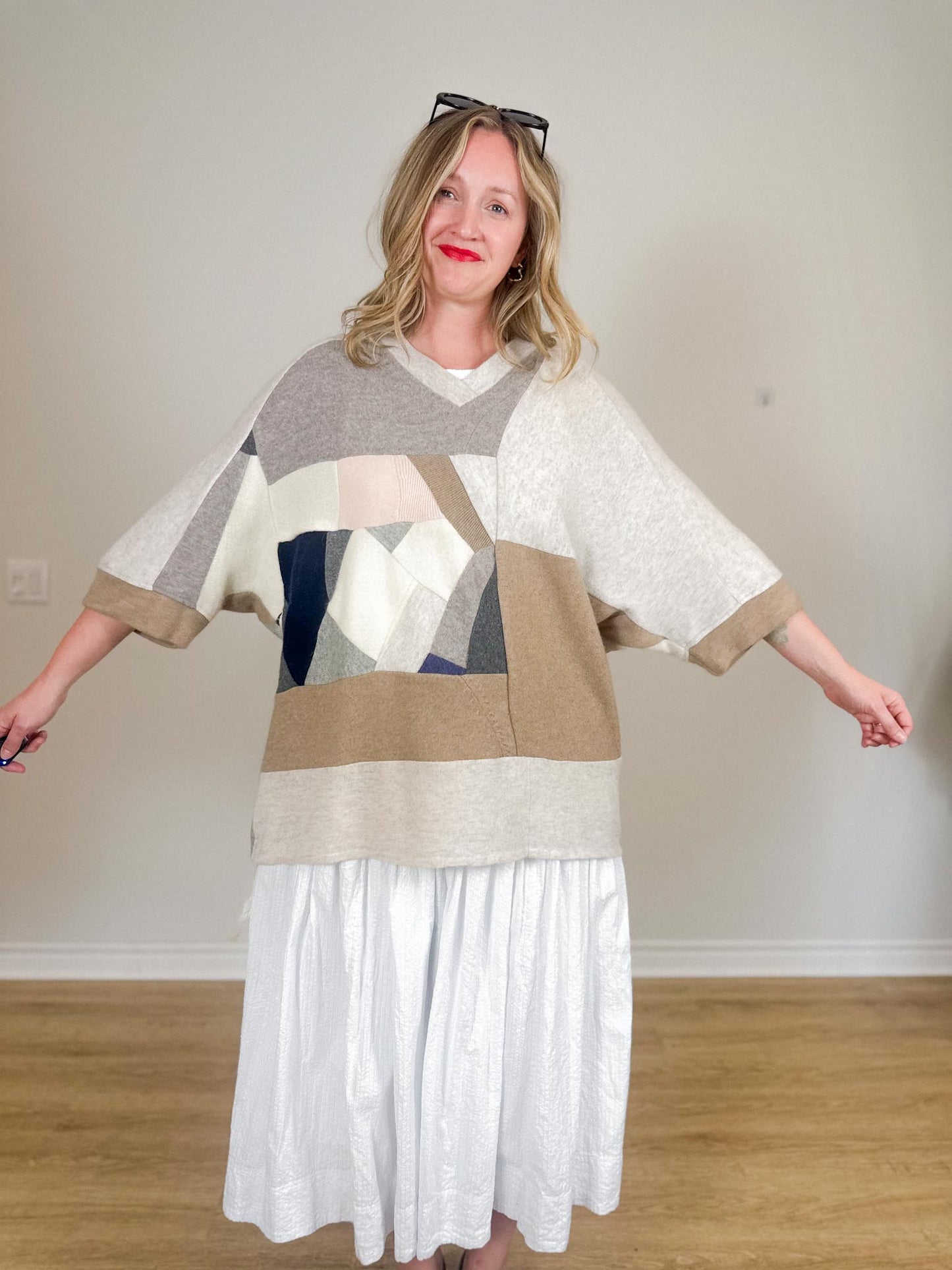Diana Coatsworth Canadian Designer "Abstract Art Patched Upcycled Cashmere Sweater" (Size L-XXL)