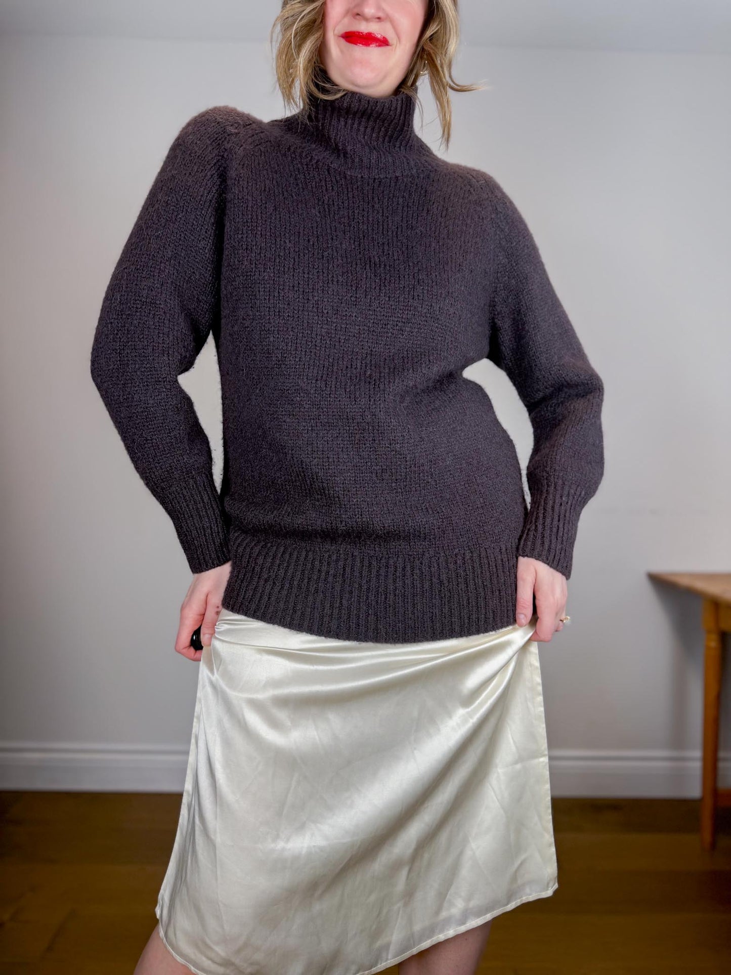 Babaton Alpaca Chunky Knit Turtleneck Sweater in Dark Brown (Size S/M)
