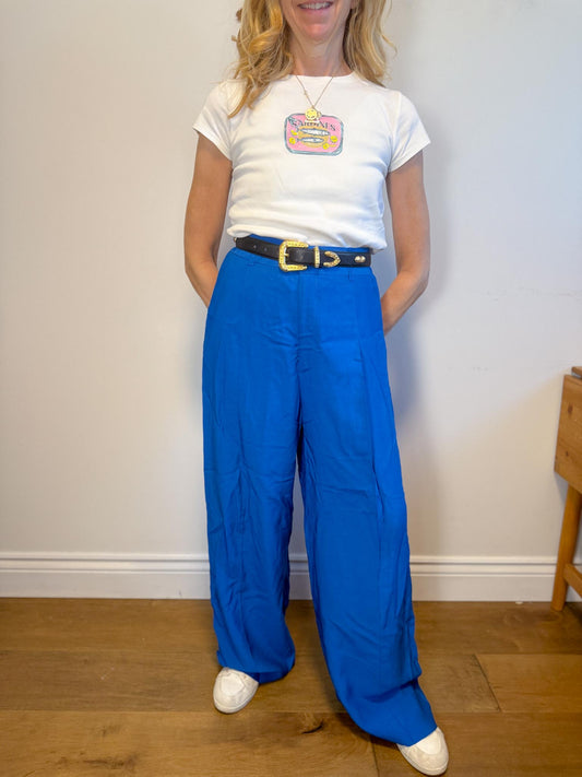 SYMTHE Designer Pleated Wide Leg Trousers in Aegean Blue (Size S/M)