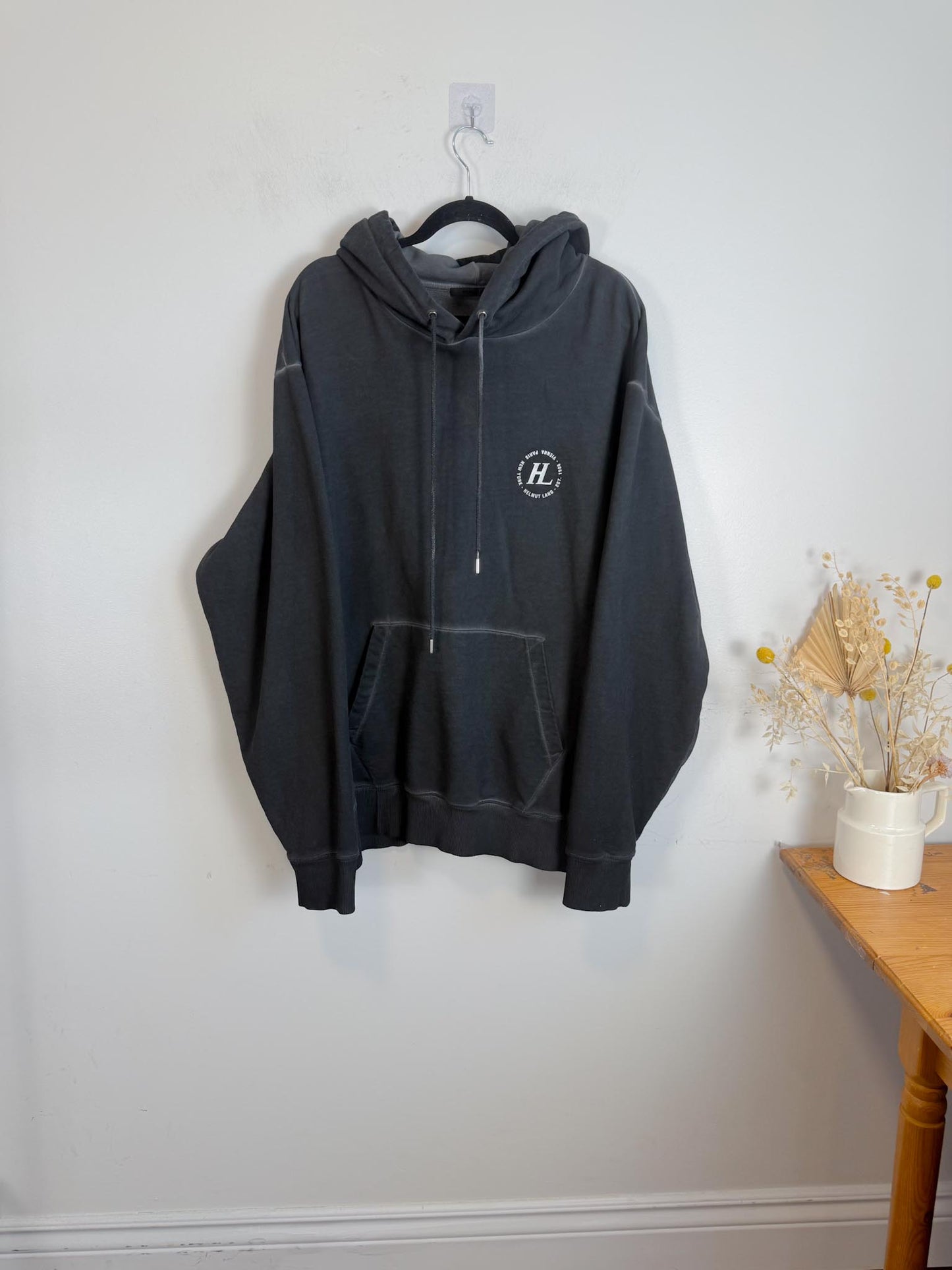 HELMUT LANG Designer Logo Hoodie Sweatshirt in Grey (Size XXL)
