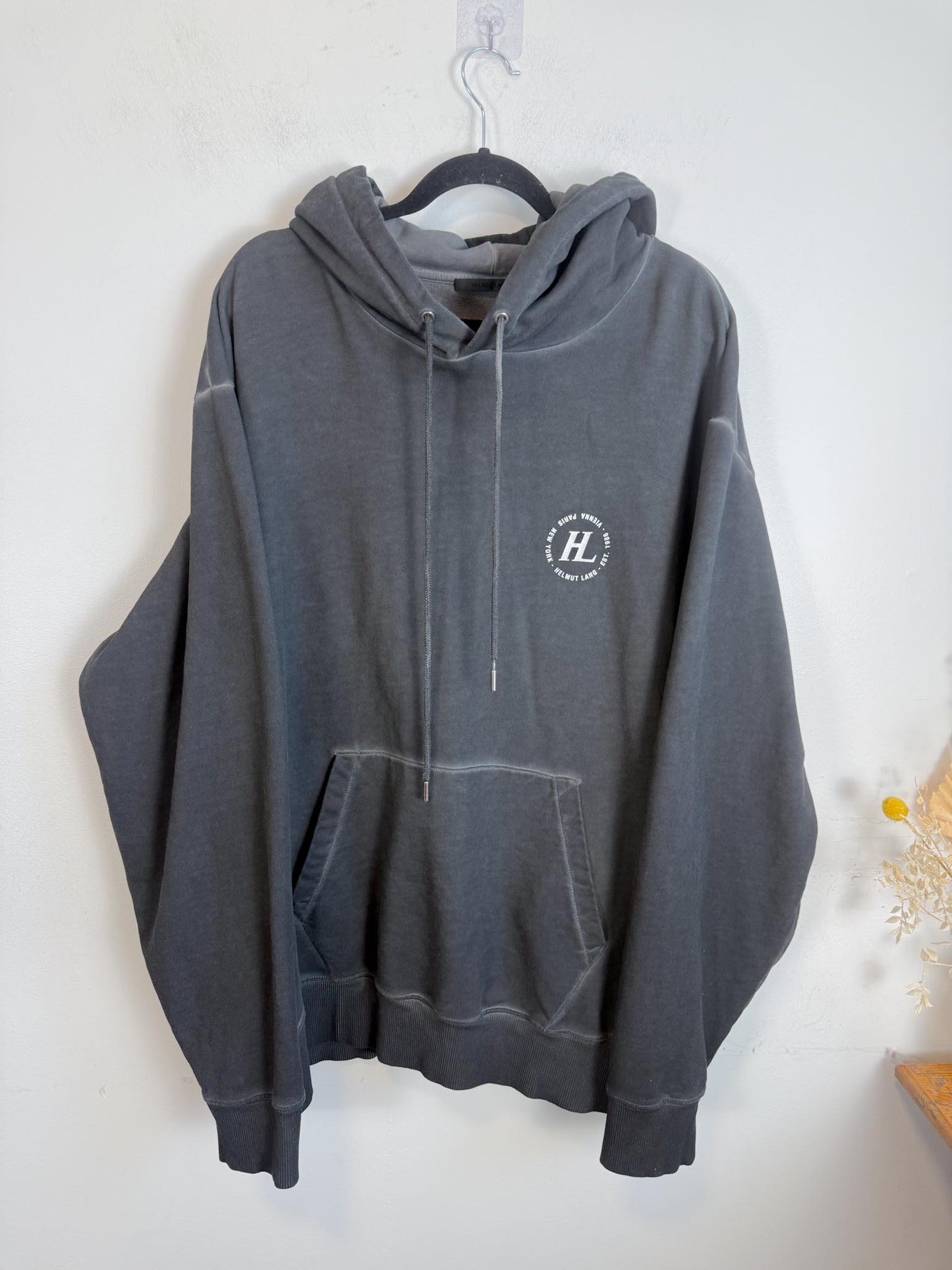 HELMUT LANG Designer Logo Hoodie Sweatshirt in Grey (Size XXL)