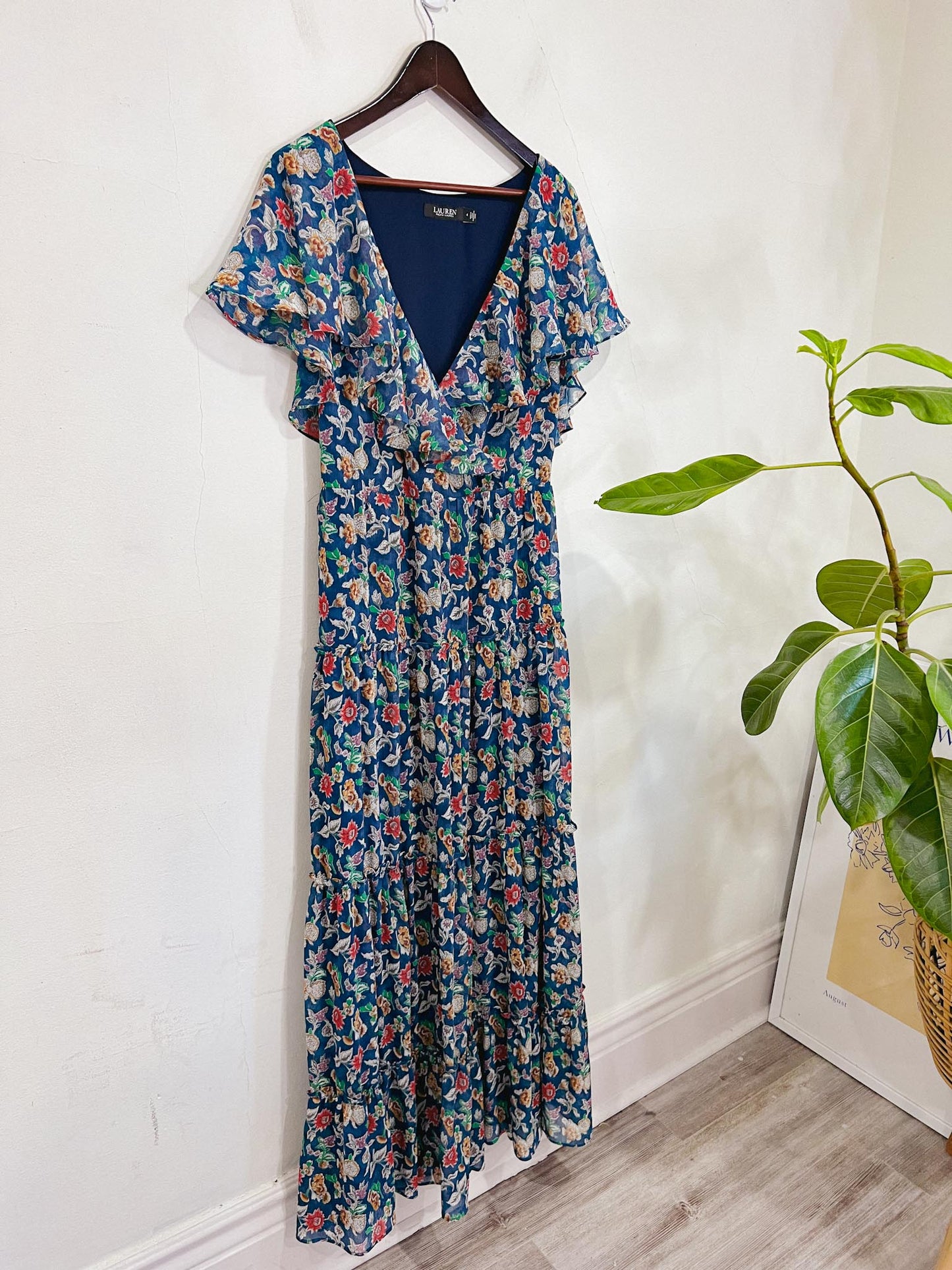 Ralph Lauren Blue Floral Maxi Dress with Flutter Sleeve (Size S)