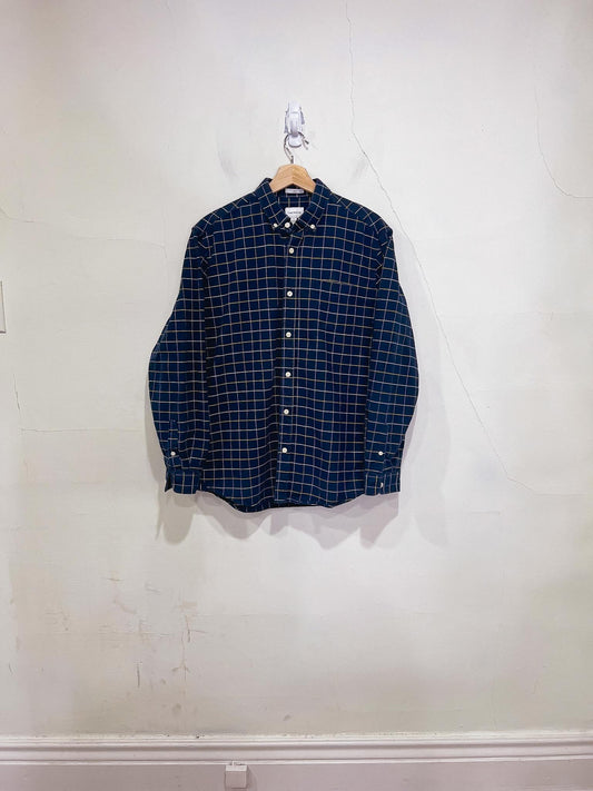 Frank & Oak "The Jasper Oxford Shirt in Navy/Yellow/White Check" (Size L)