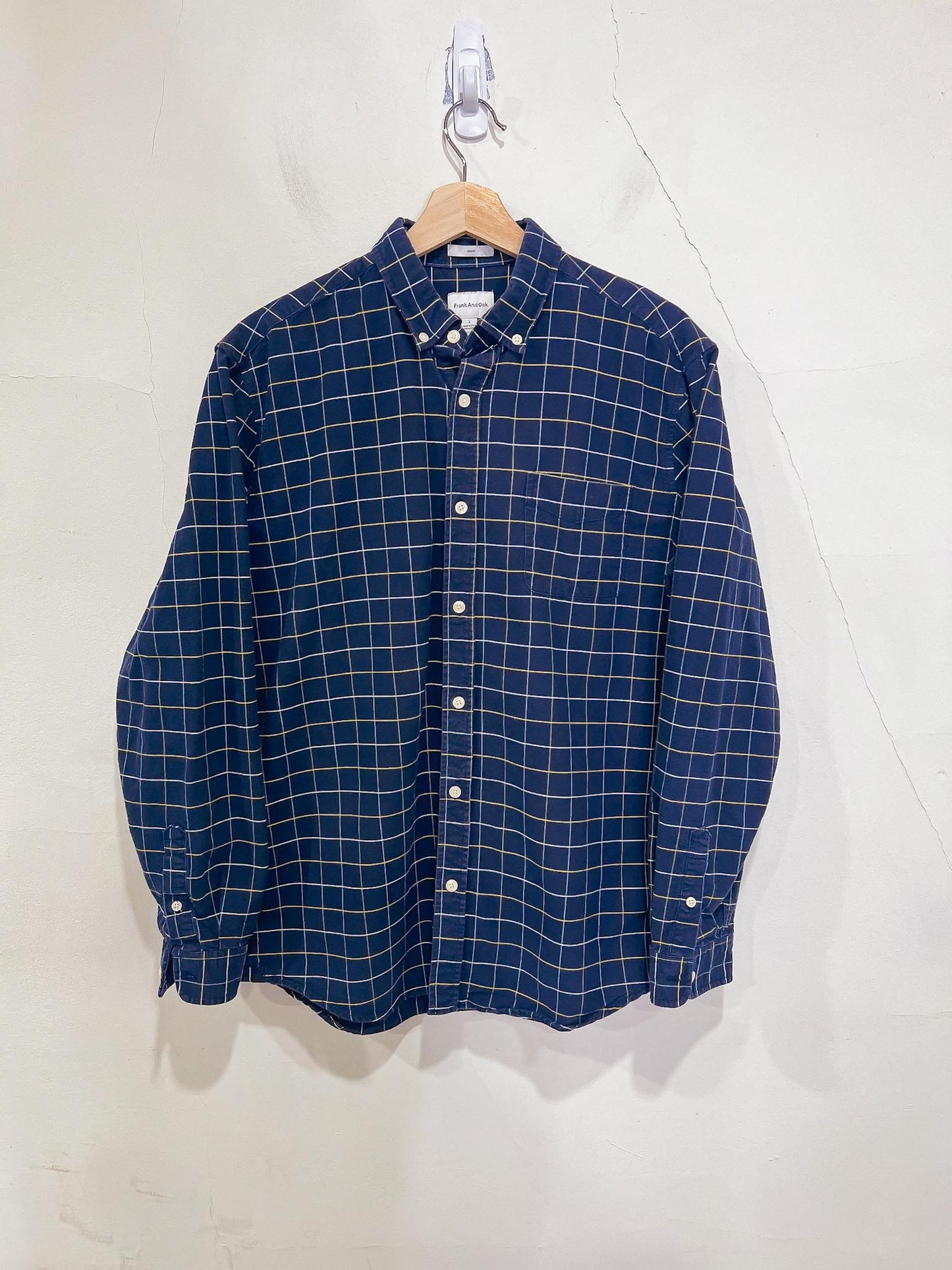 Frank & Oak "The Jasper Oxford Shirt in Navy/Yellow/White Check" (Size L)