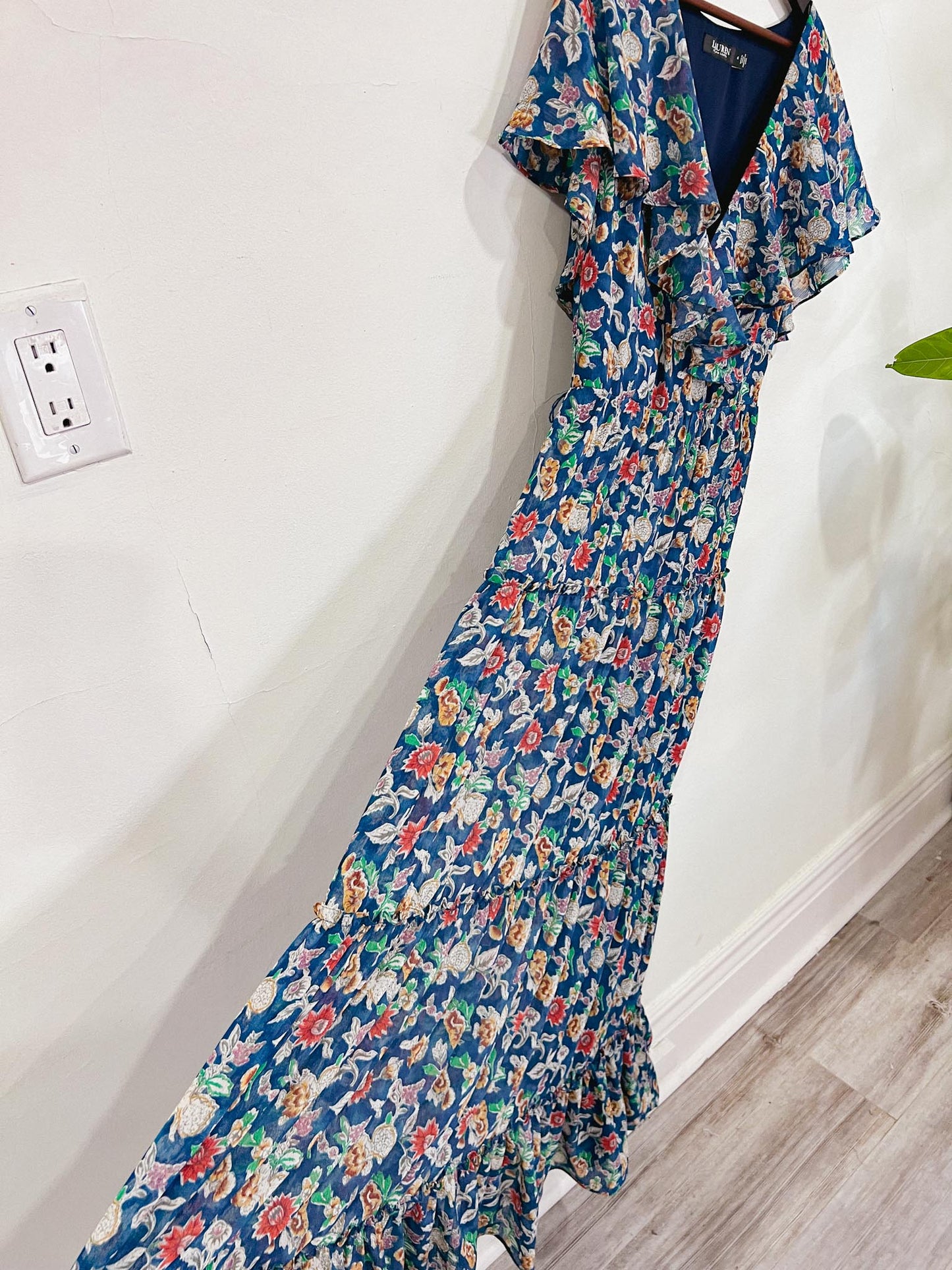 Ralph Lauren Blue Floral Maxi Dress with Flutter Sleeve (Size S)