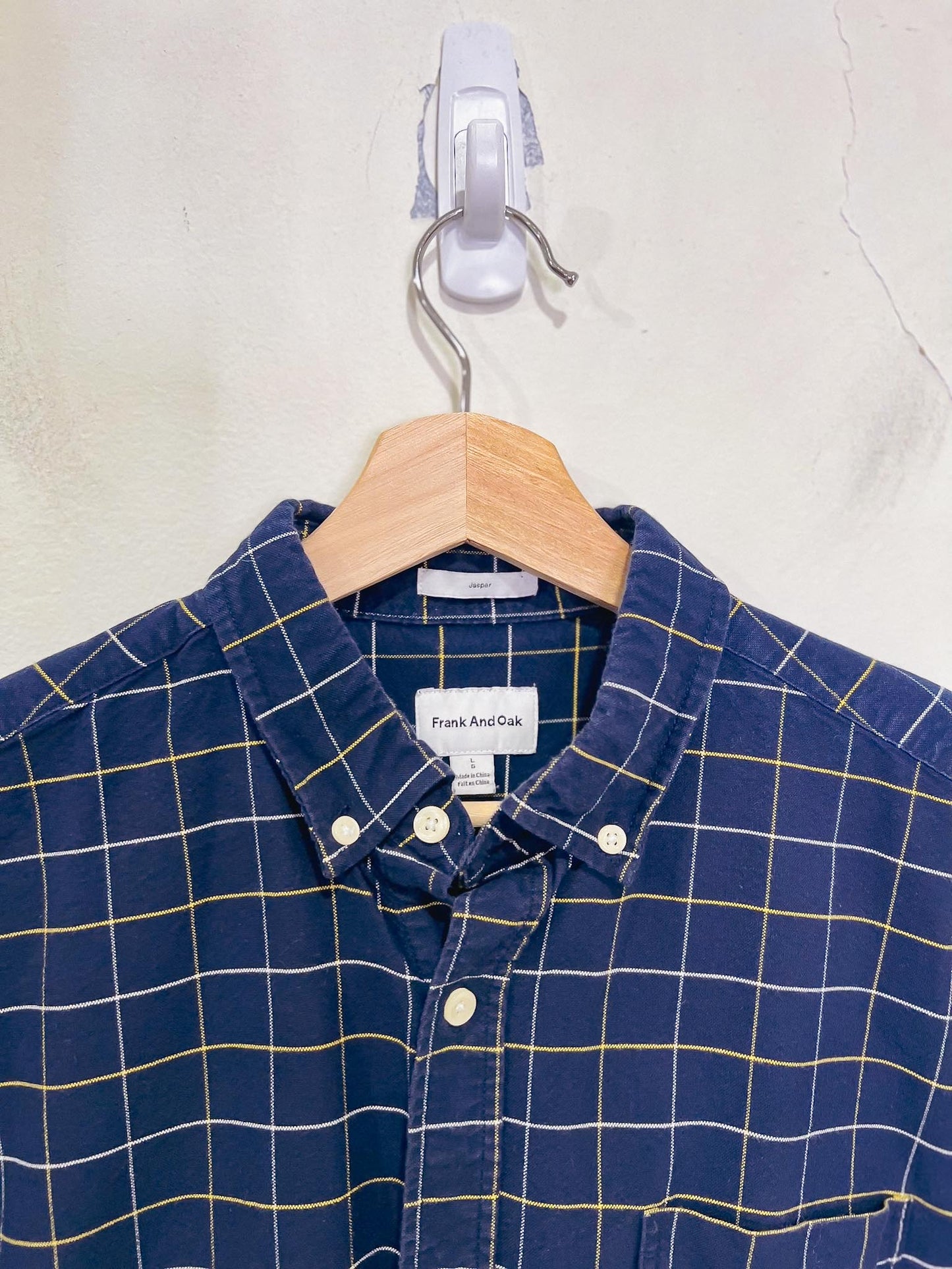 Frank & Oak "The Jasper Oxford Shirt in Navy/Yellow/White Check" (Size L)