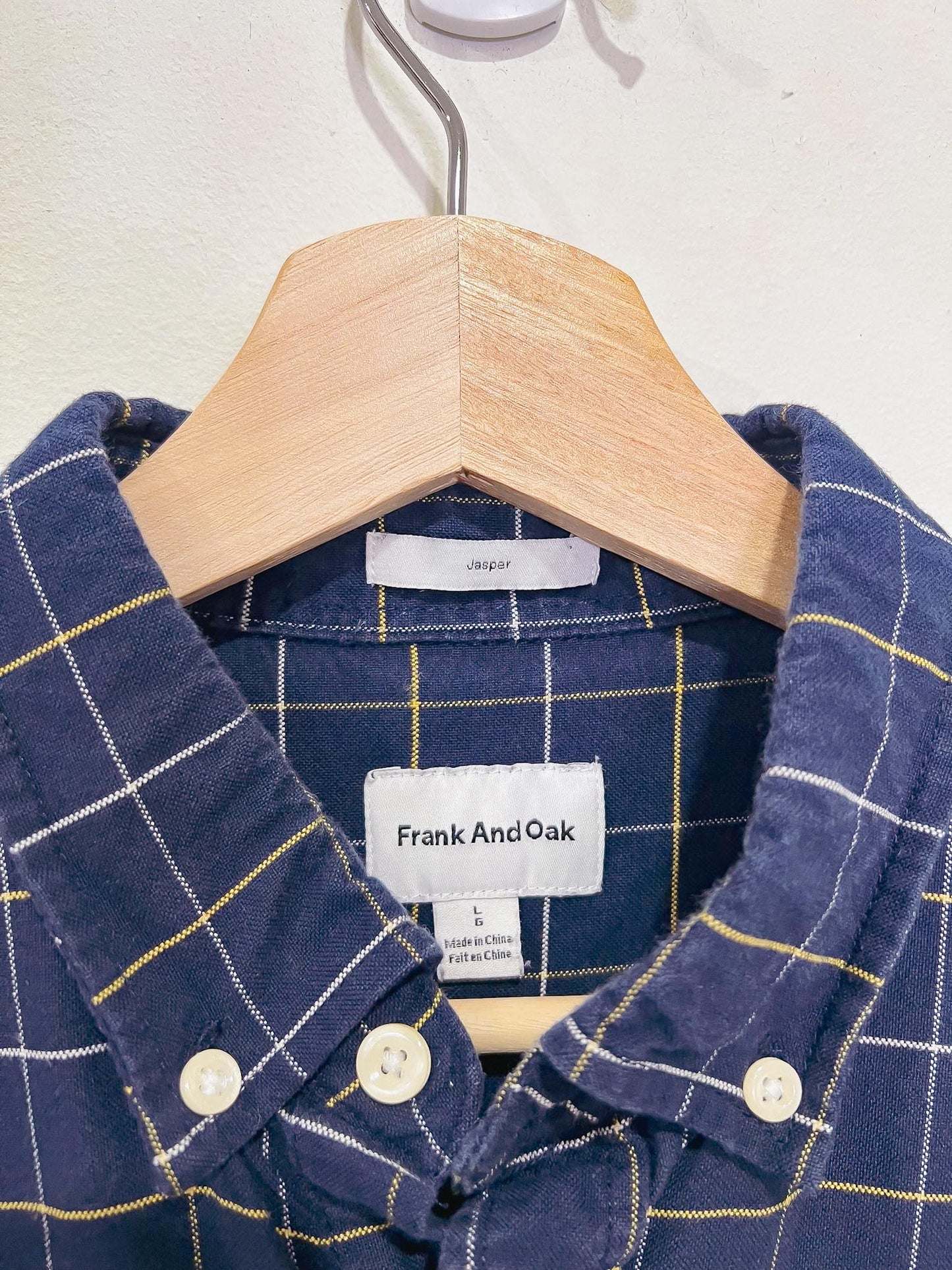 Frank & Oak "The Jasper Oxford Shirt in Navy/Yellow/White Check" (Size L)