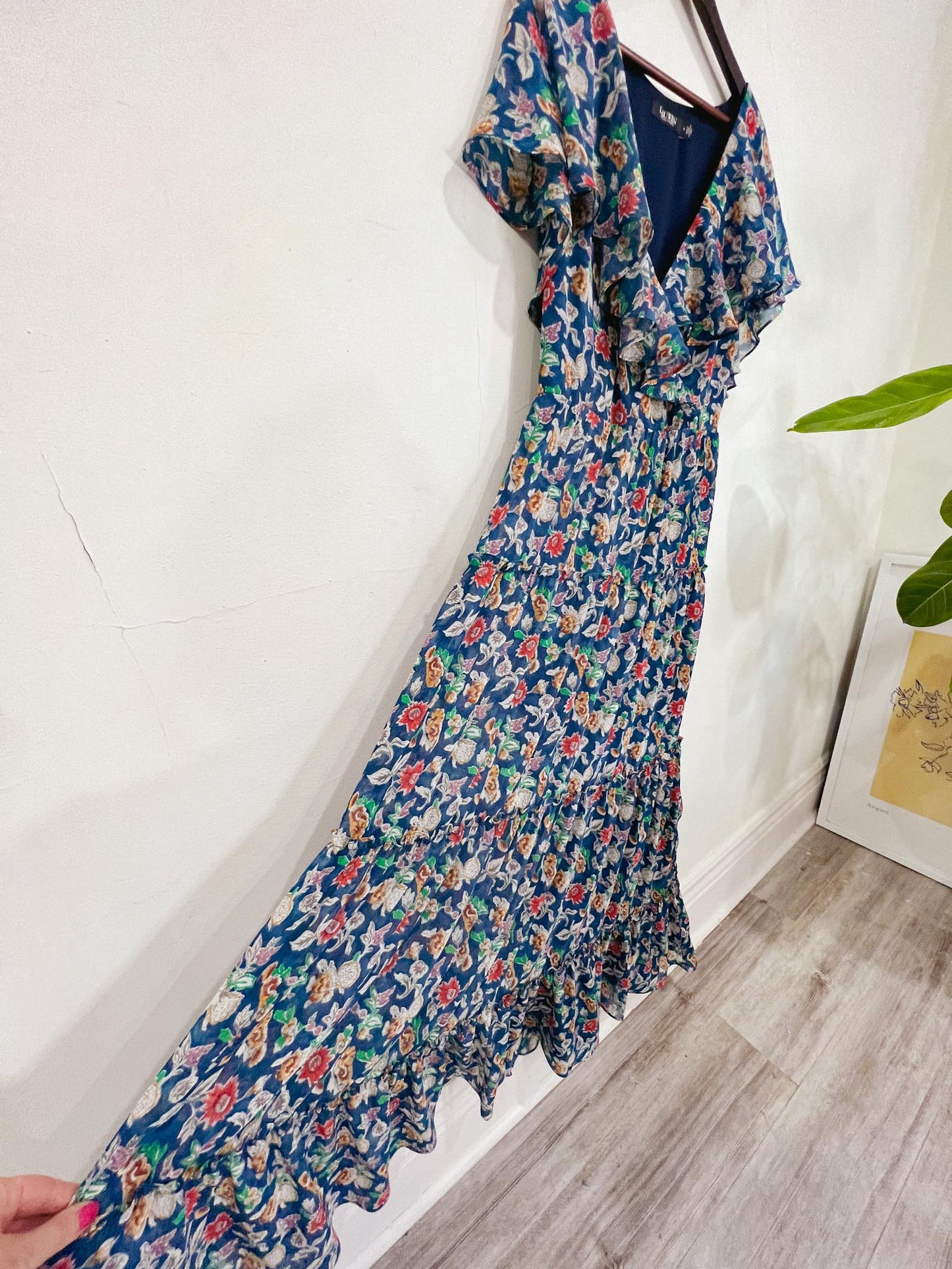 Ralph Lauren Blue Floral Maxi Dress with Flutter Sleeve (Size S)