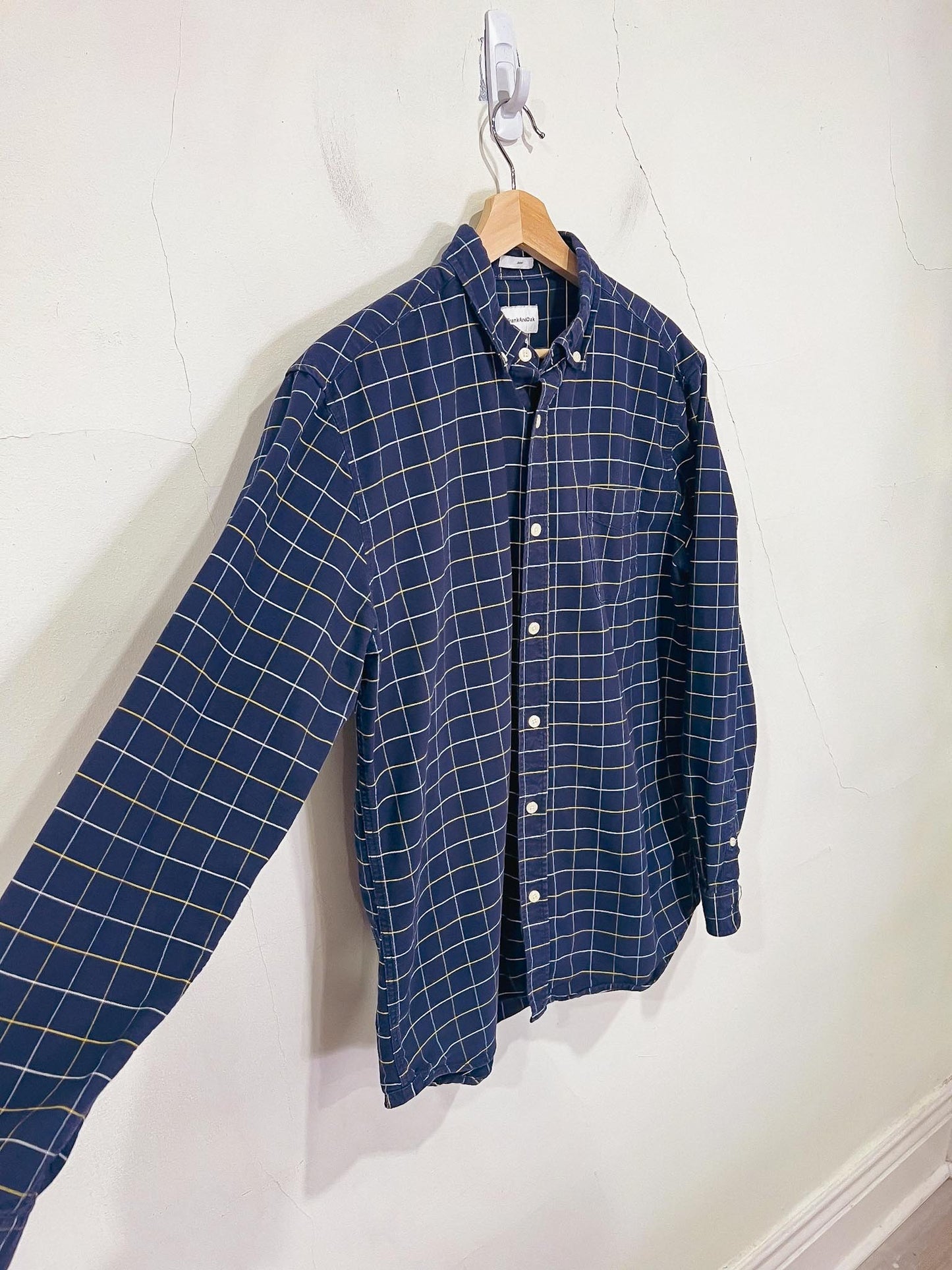 Frank & Oak "The Jasper Oxford Shirt in Navy/Yellow/White Check" (Size L)