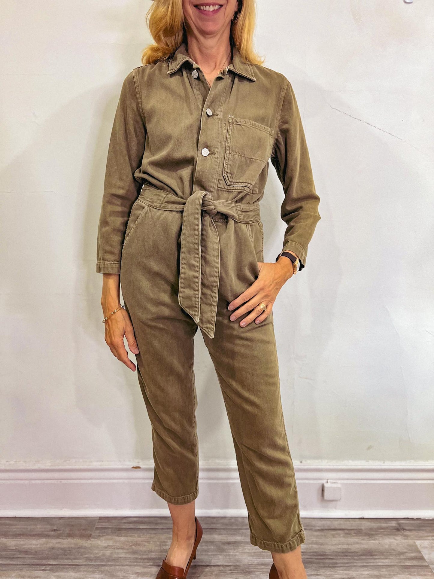 AMO "Tie Waist Utility Jumpsuit in Green" (Size XS/S)