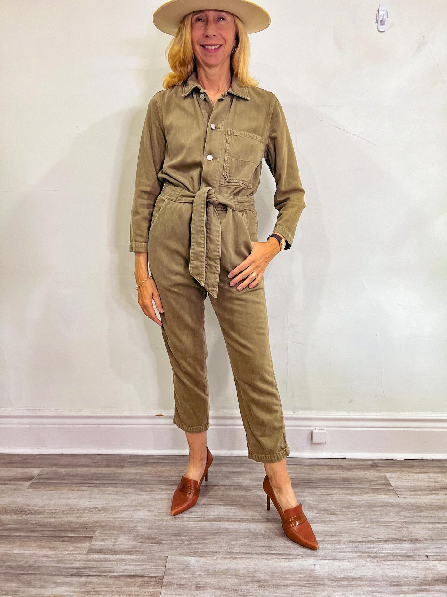 AMO "Tie Waist Utility Jumpsuit in Green" (Size XS/S)