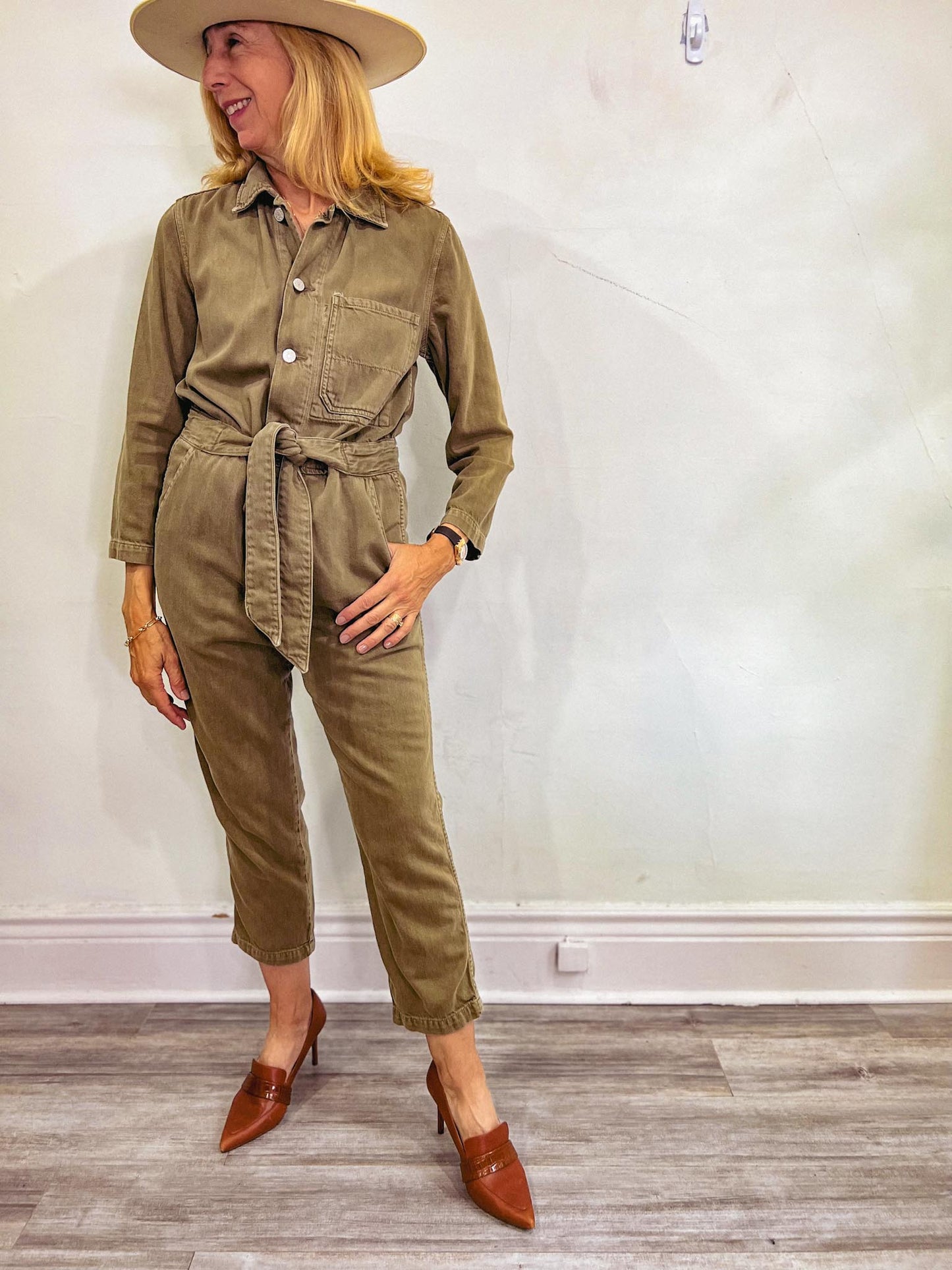 AMO "Tie Waist Utility Jumpsuit in Green" (Size XS/S)