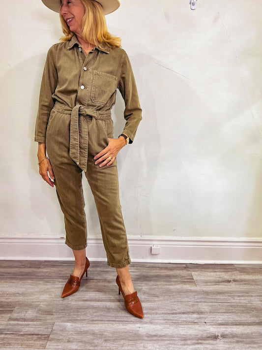 AMO "Tie Waist Utility Jumpsuit in Green" (Size XS/S)