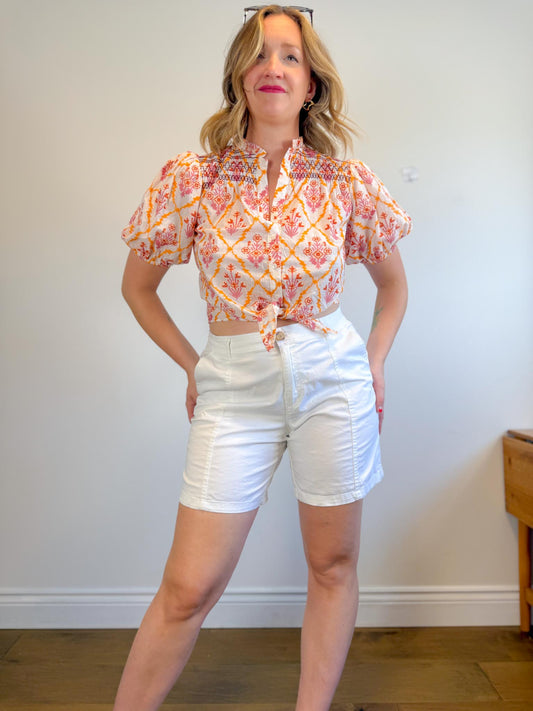 Maje Embroidered Cropped Blouse with Front Tie in White/Pink/Orange (Size M)
