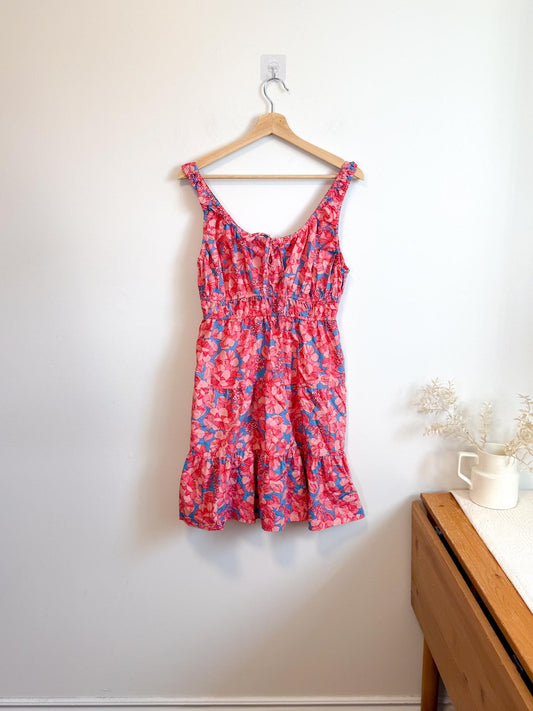 Gap Ruched Summer Mini Dres in Blue/Pink Floral (Size M)