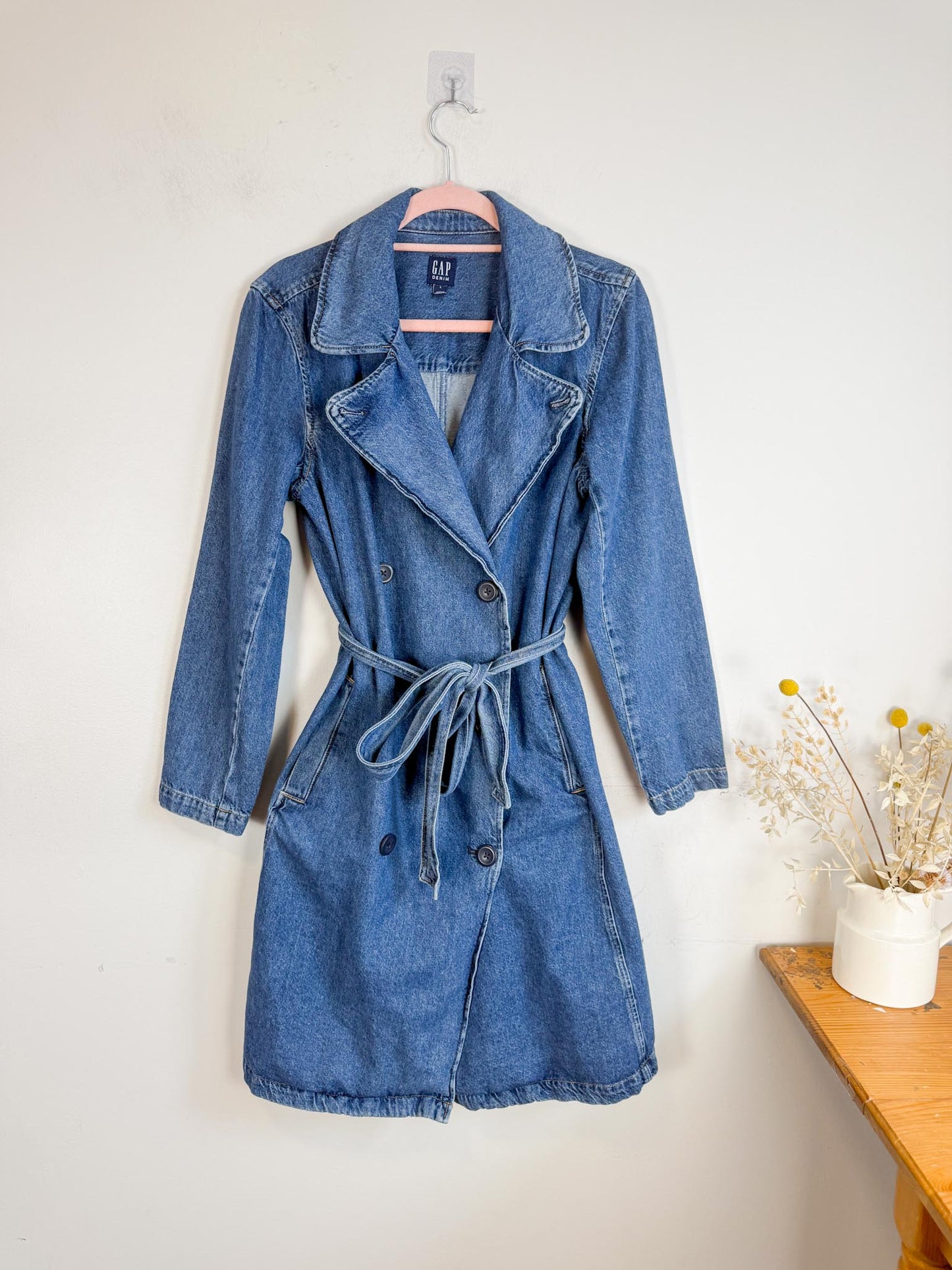 Gap Long Denim Trench Coat with Belt (Size L)