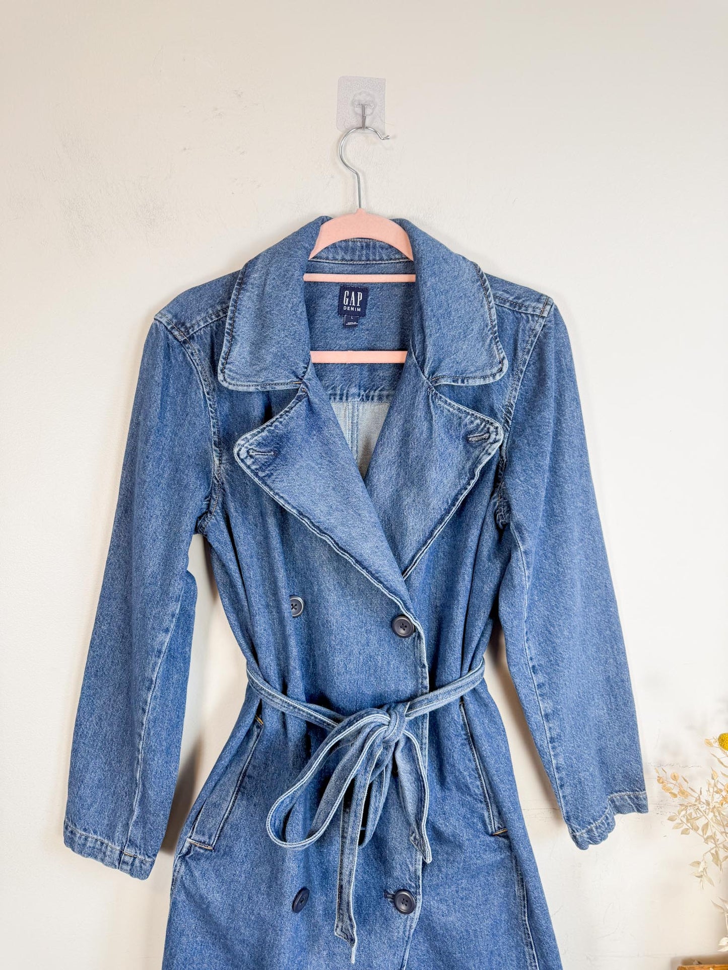 Gap Long Denim Trench Coat with Belt (Size L)