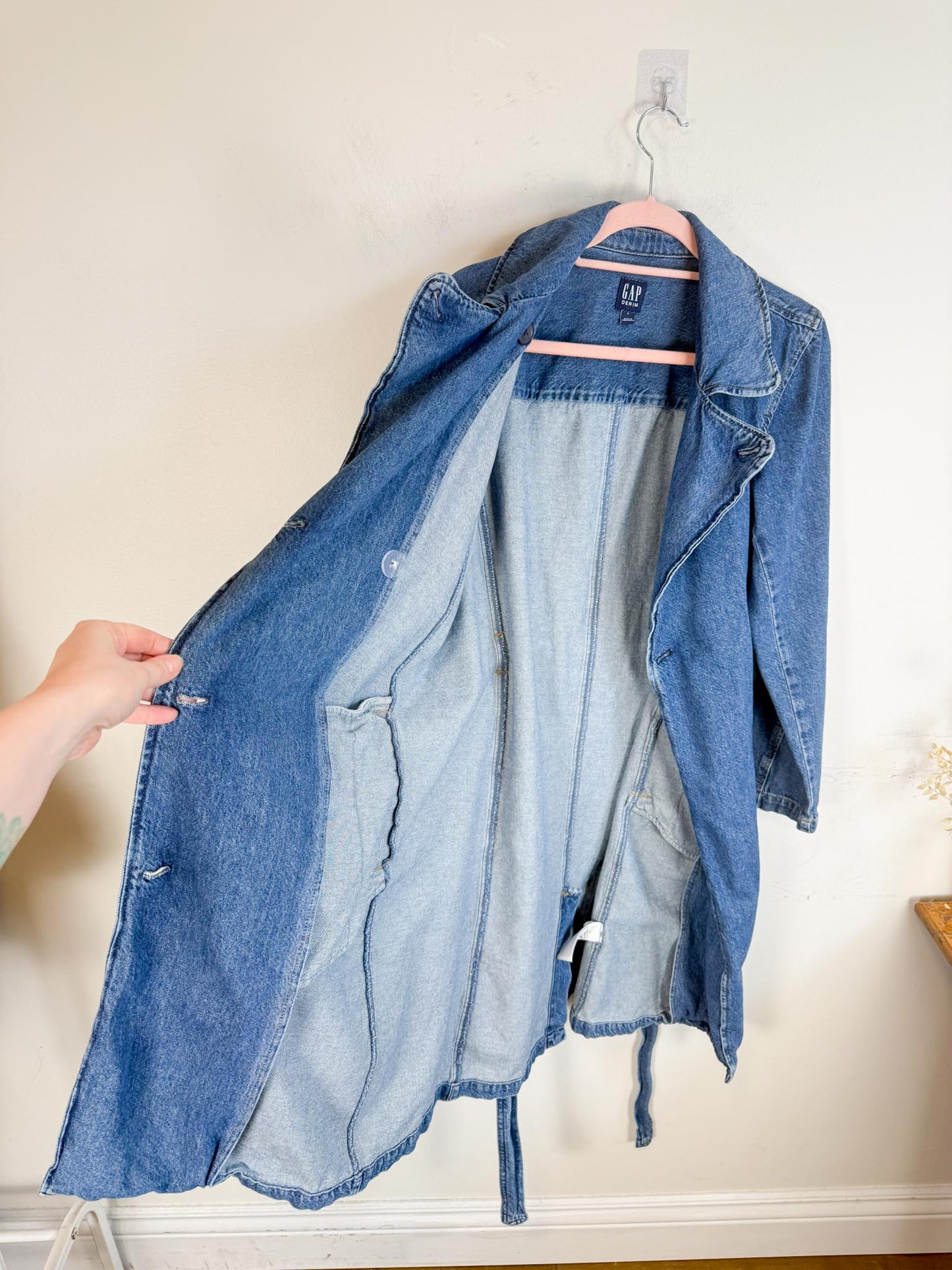 Gap Long Denim Trench Coat with Belt (Size L)
