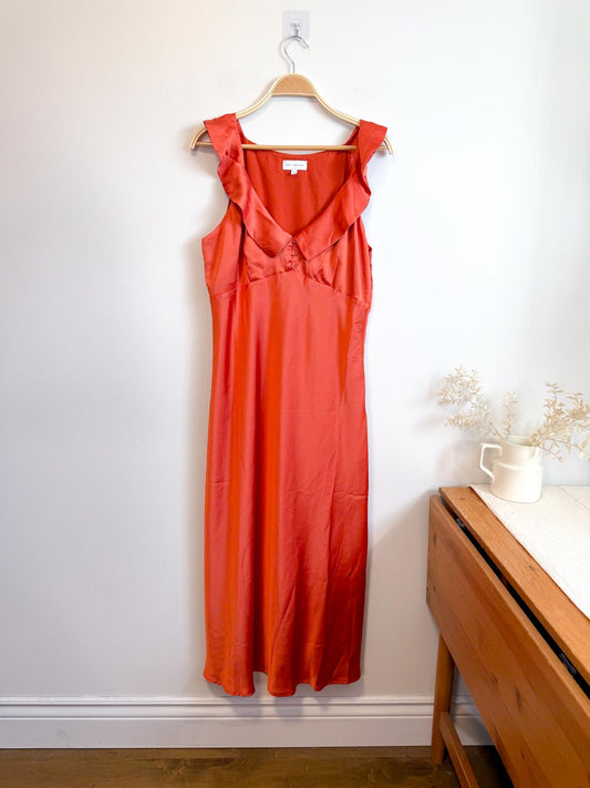Lost + Wonder Ruffled Satin Midi Dress in Orange (Size L)
