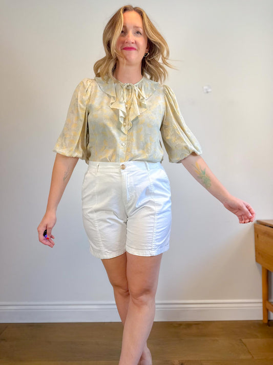 Wilfred Silk Ruffle Collar Blouse in Pastel Green/Yellow (Size M)