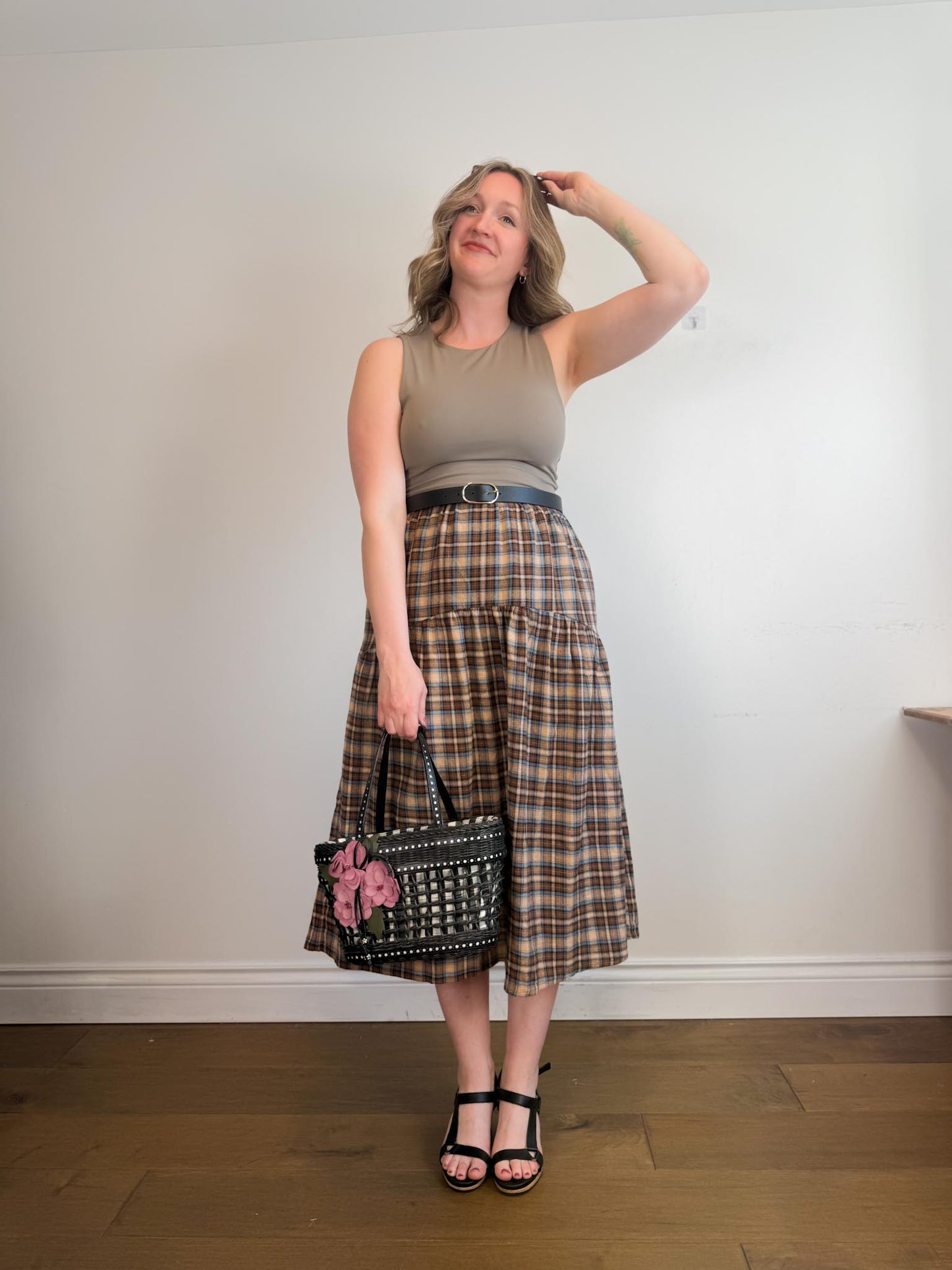 A Bronze Age Sustainable "Field Skirt in Brown/Blue Plaid" (Size M)