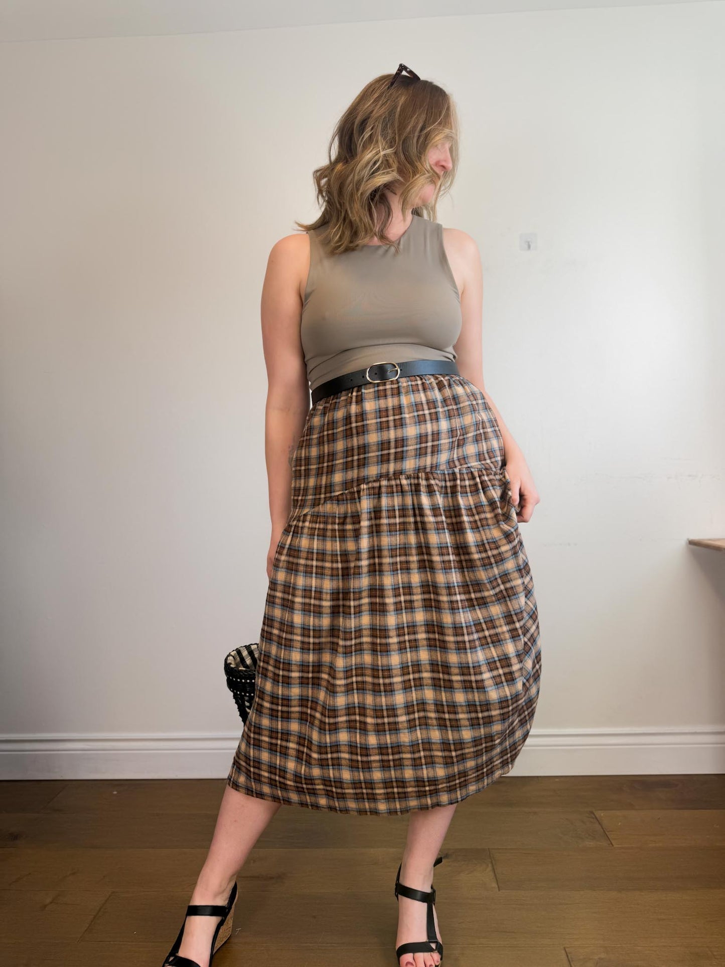 A Bronze Age Sustainable "Field Skirt in Brown/Blue Plaid" (Size M)