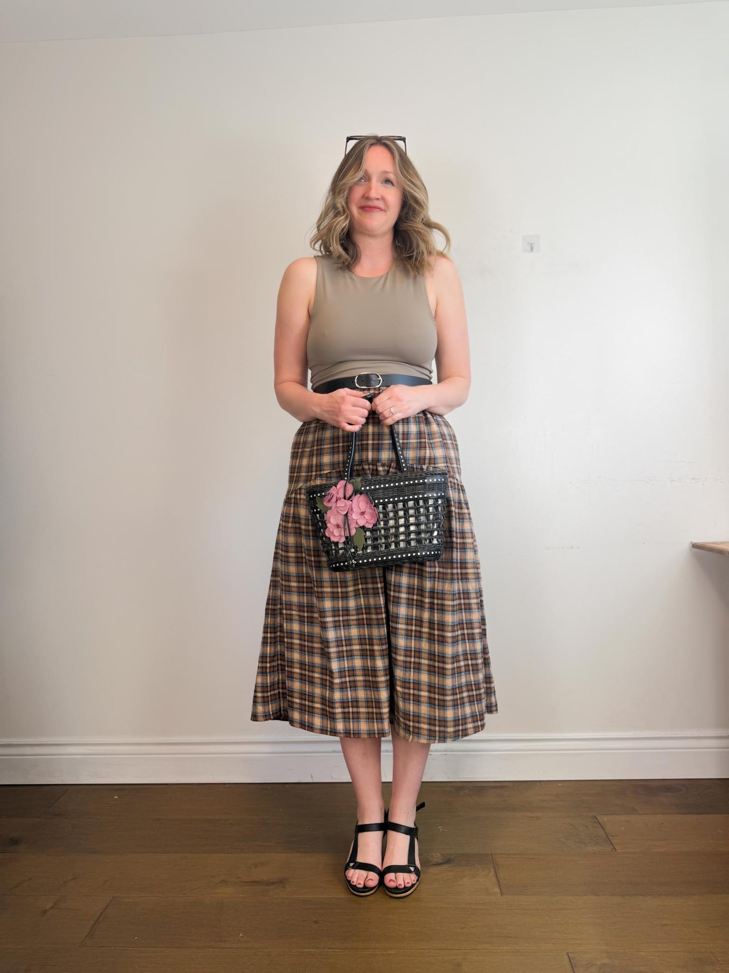 A Bronze Age Sustainable "Field Skirt in Brown/Blue Plaid" (Size M)