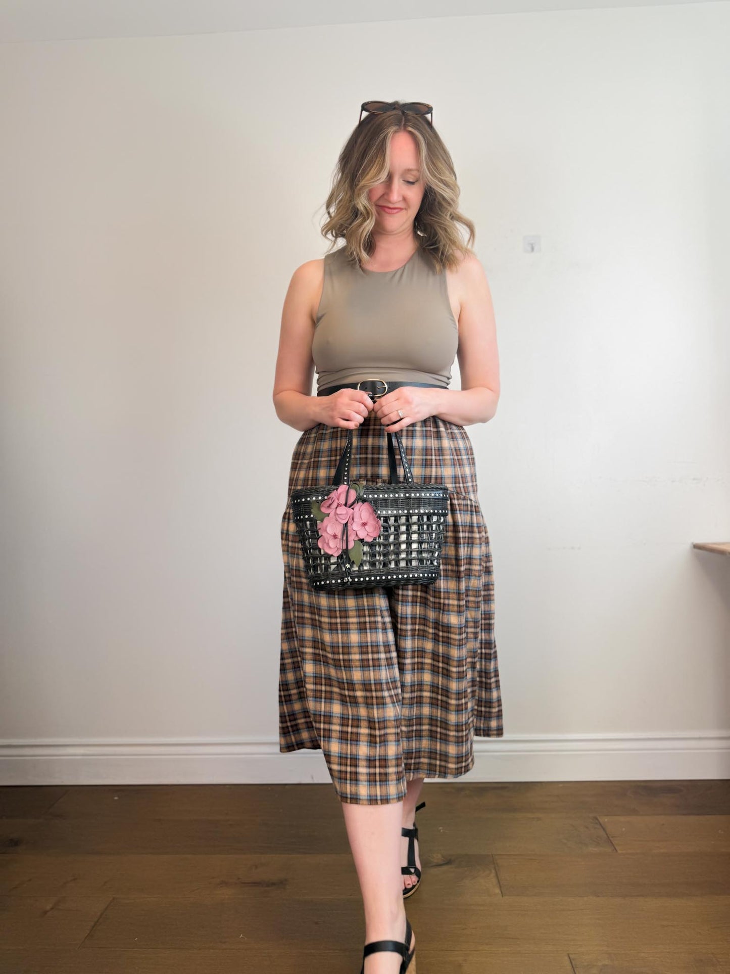 A Bronze Age Sustainable "Field Skirt in Brown/Blue Plaid" (Size M)