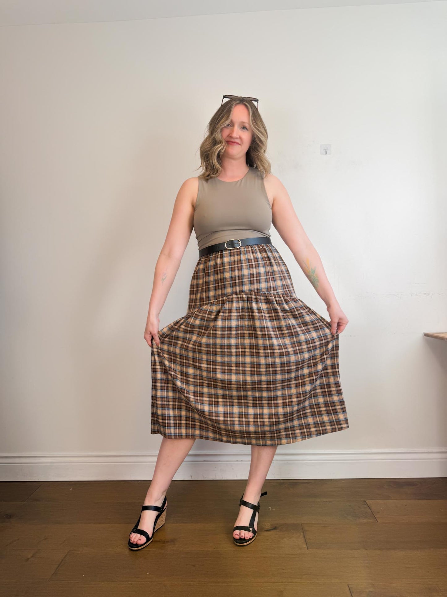 A Bronze Age Sustainable "Field Skirt in Brown/Blue Plaid" (Size M)