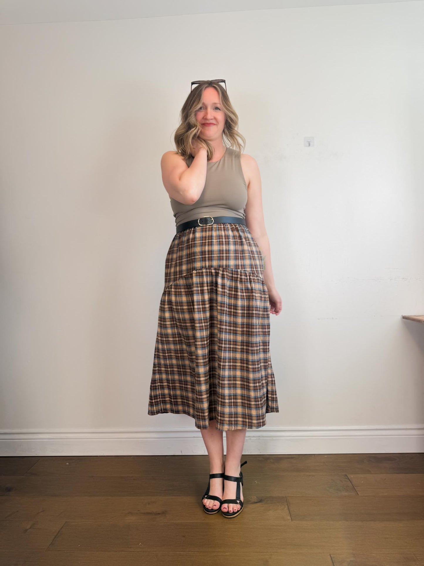 A Bronze Age Sustainable "Field Skirt in Brown/Blue Plaid" (Size M)