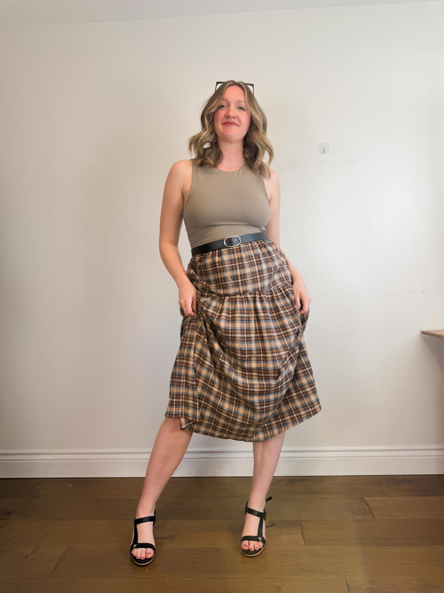 A Bronze Age Sustainable "Field Skirt in Brown/Blue Plaid" (Size M)