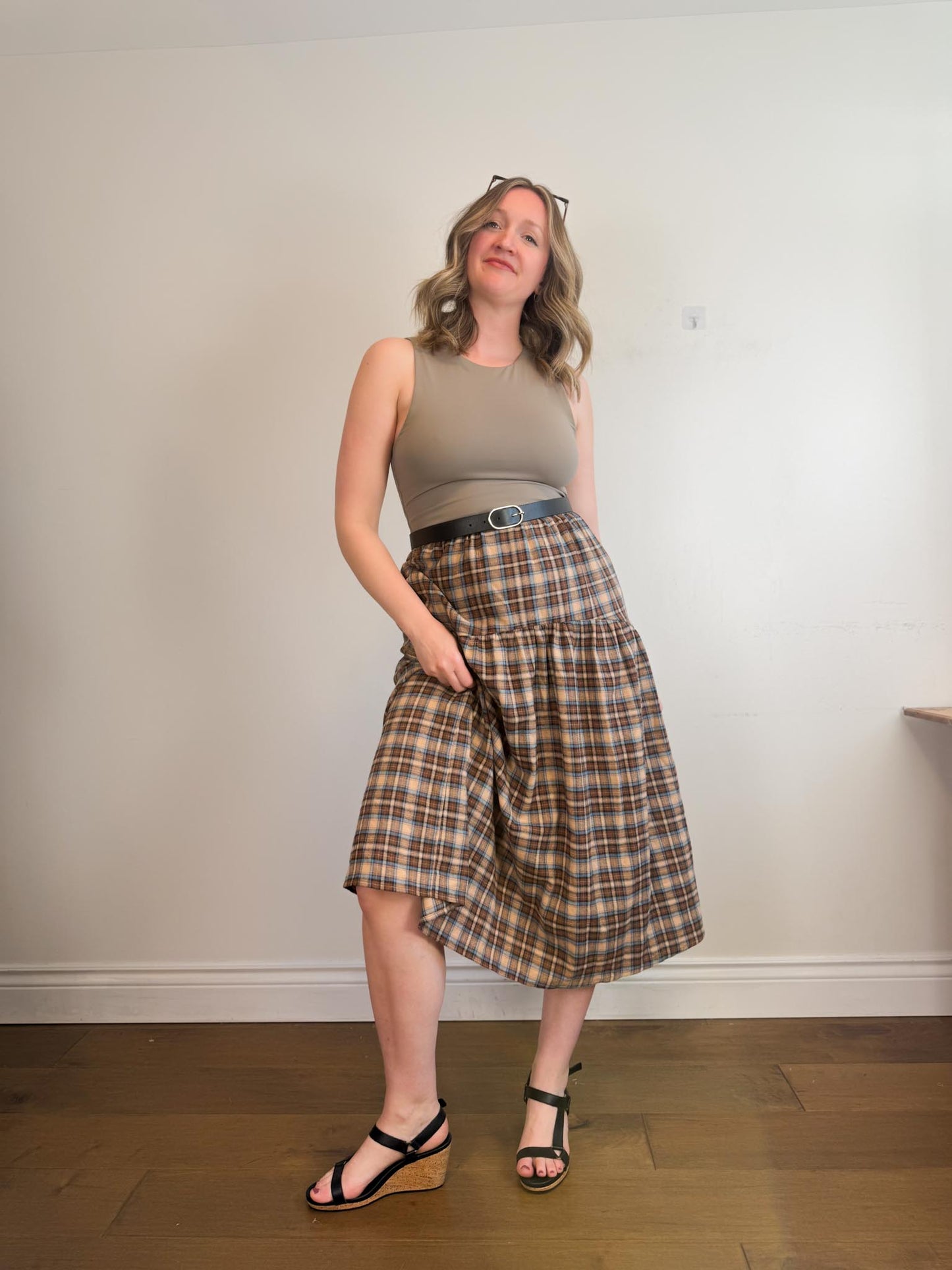 A Bronze Age Sustainable "Field Skirt in Brown/Blue Plaid" (Size M)