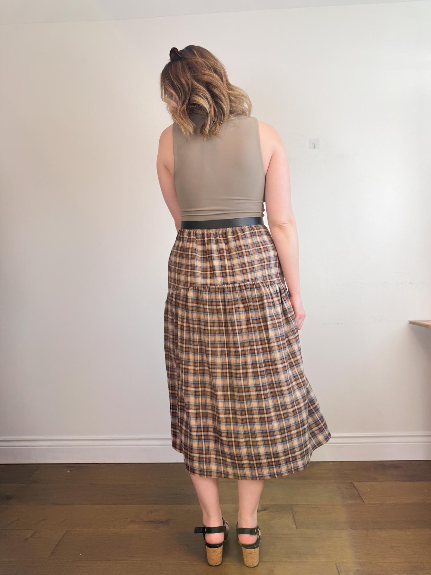A Bronze Age Sustainable "Field Skirt in Brown/Blue Plaid" (Size M)