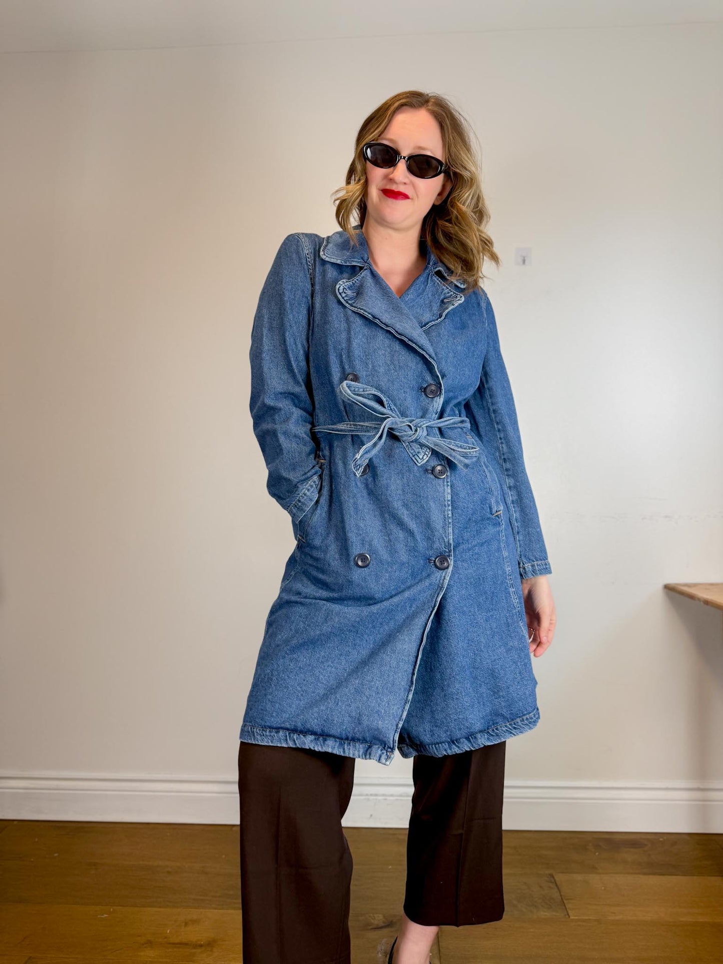 Gap Long Denim Trench Coat with Belt (Size L)