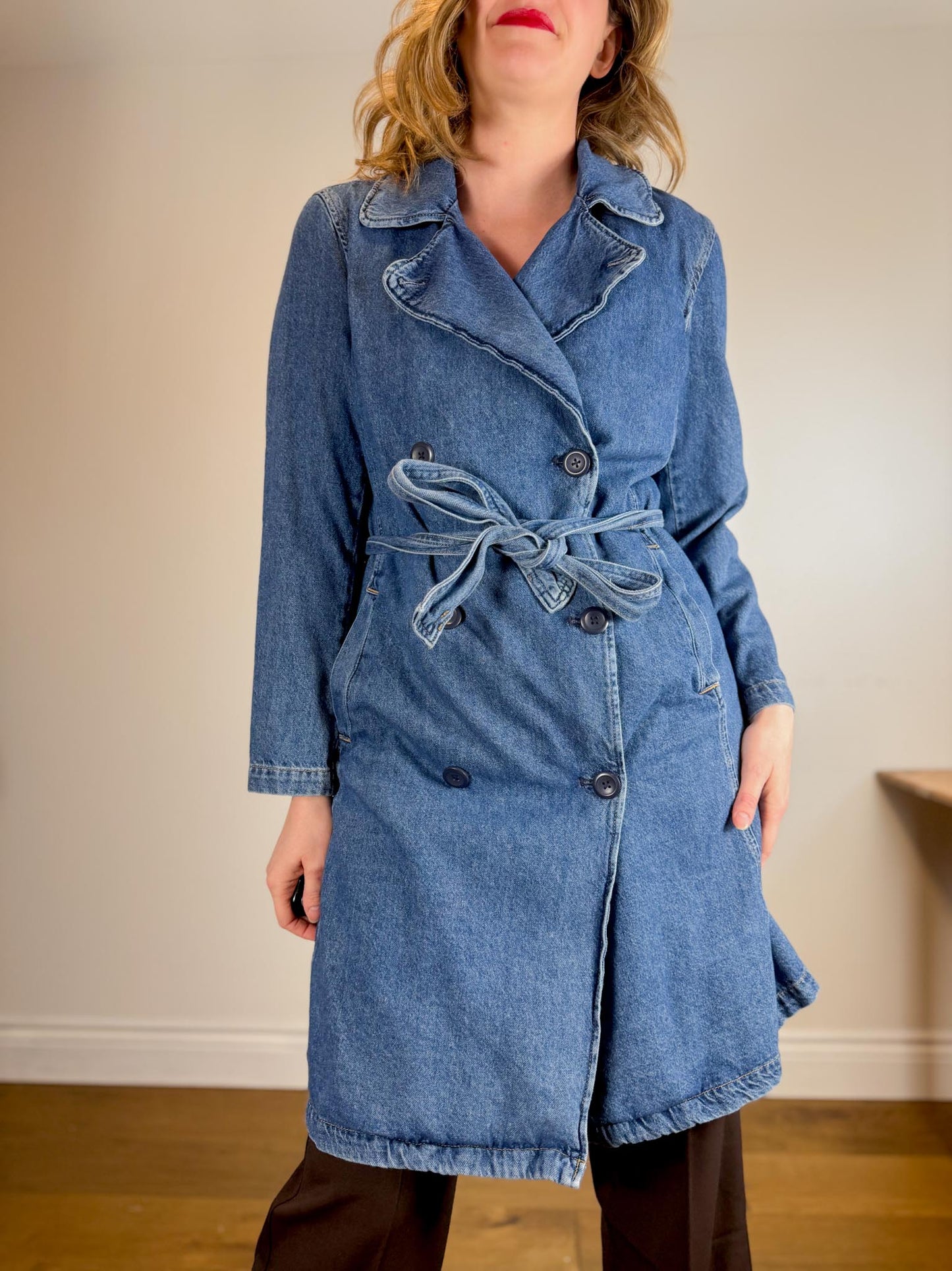 Gap Long Denim Trench Coat with Belt (Size L)