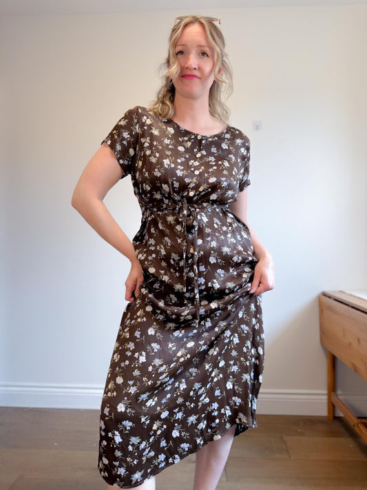 Vintage Floral Midi Dress in Brown/Blue (Size M/L)